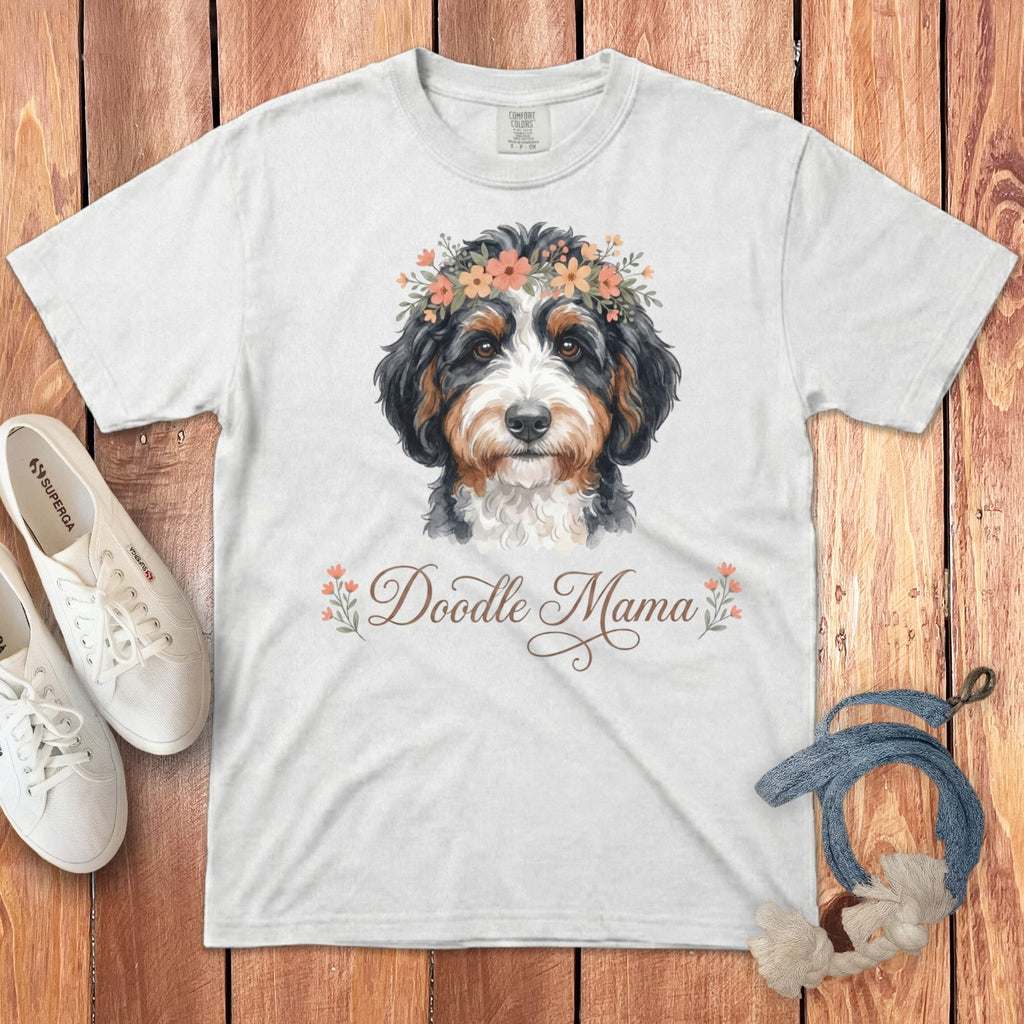 Bernedoodle Floral Crown Signature T-Shirt in White / S by Puppy Jo