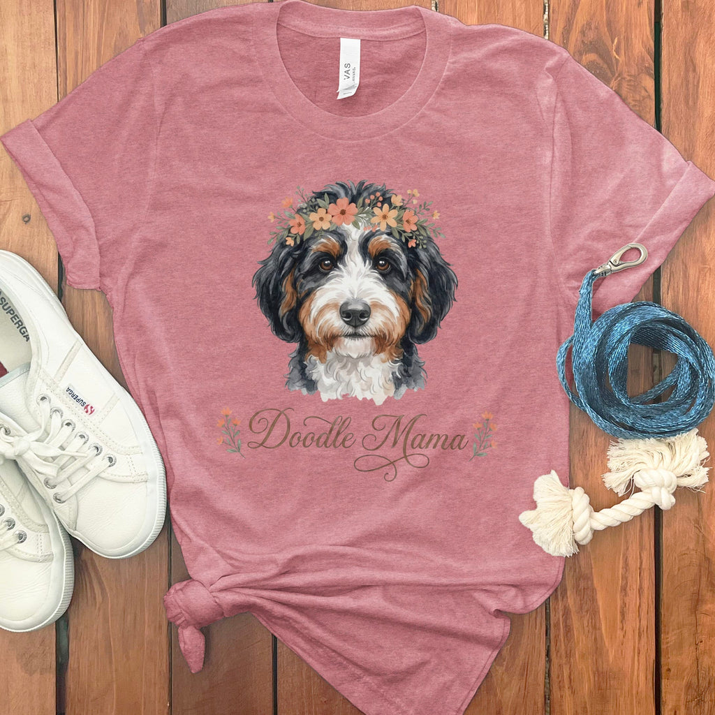 Bernedoodle Floral Crown T-Shirt in Heather Mauve / S by Puppy Jo