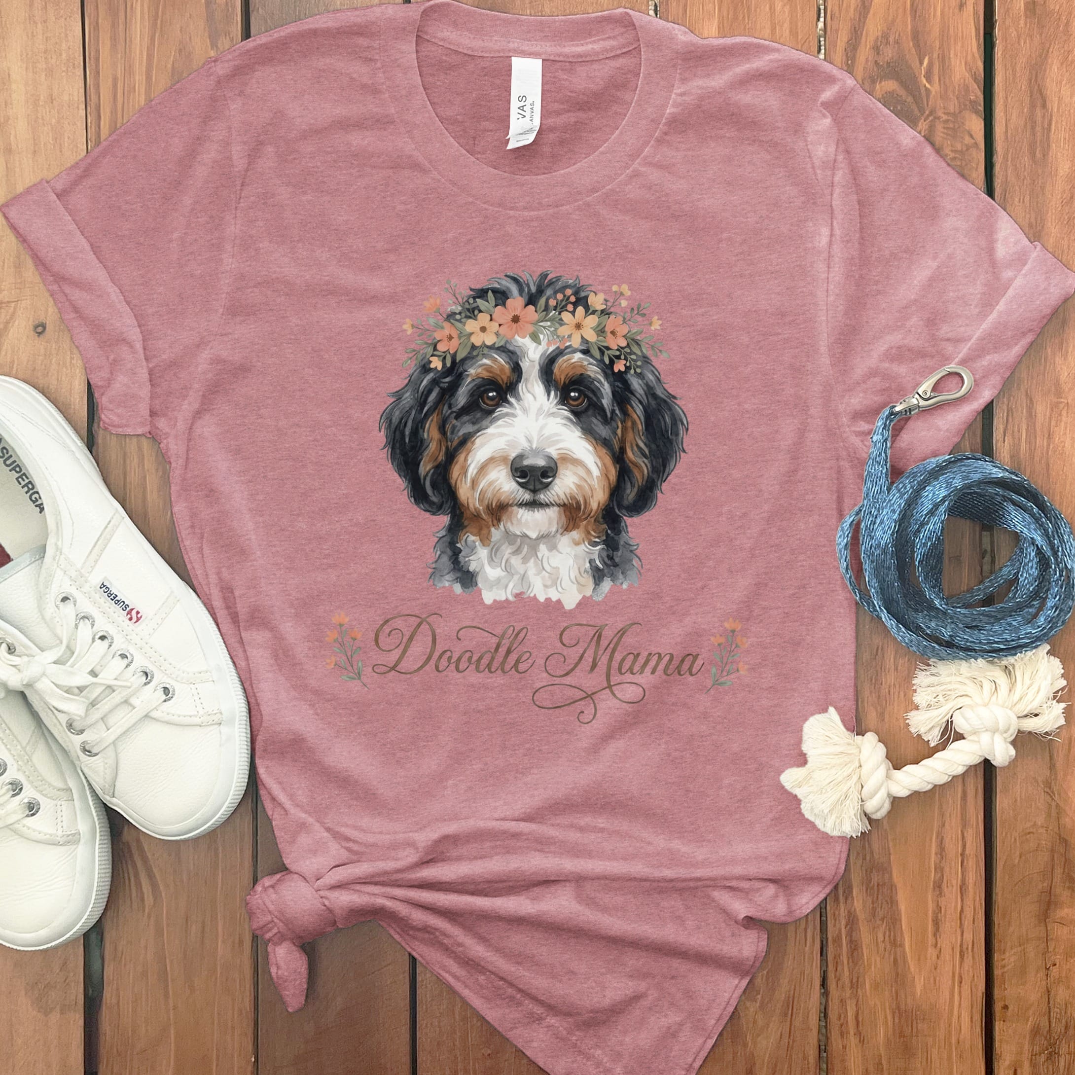 Bernedoodle Floral Crown T-Shirt in Heather Mauve / S by Puppy Jo