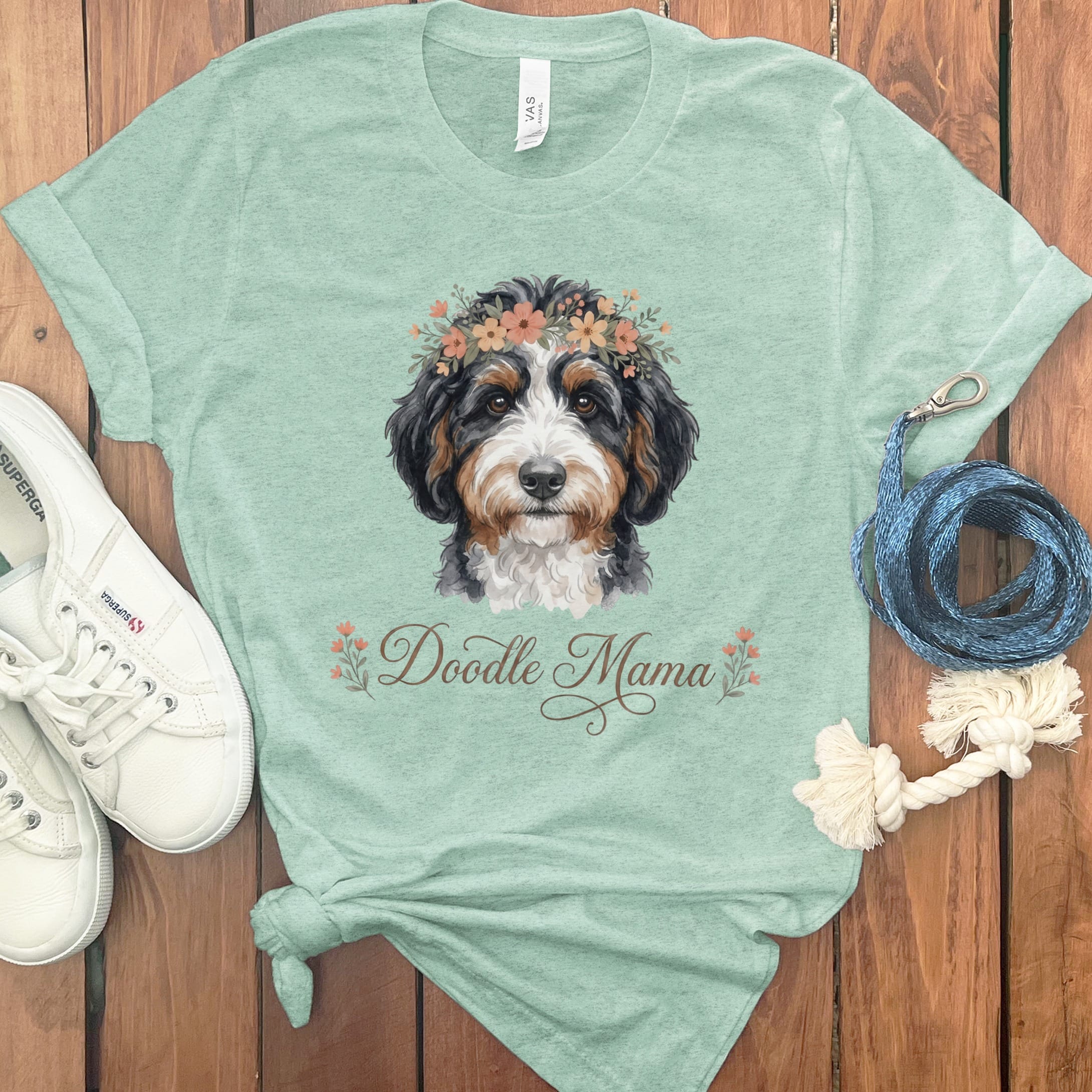Bernedoodle Floral Crown T-Shirt in Heather Mint / XL by Puppy Jo