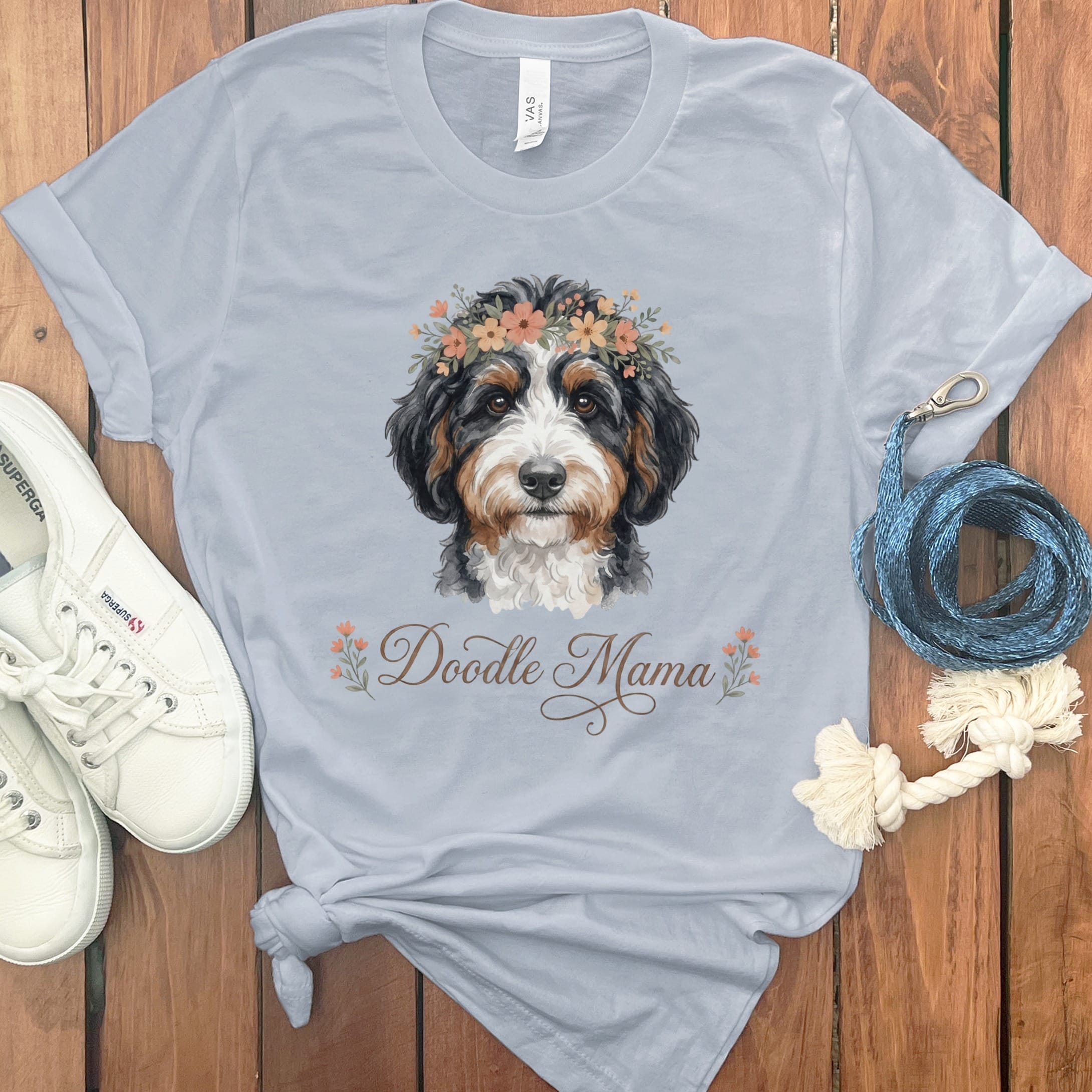 Bernedoodle Floral Crown T-Shirt in Light Blue / S by Puppy Jo