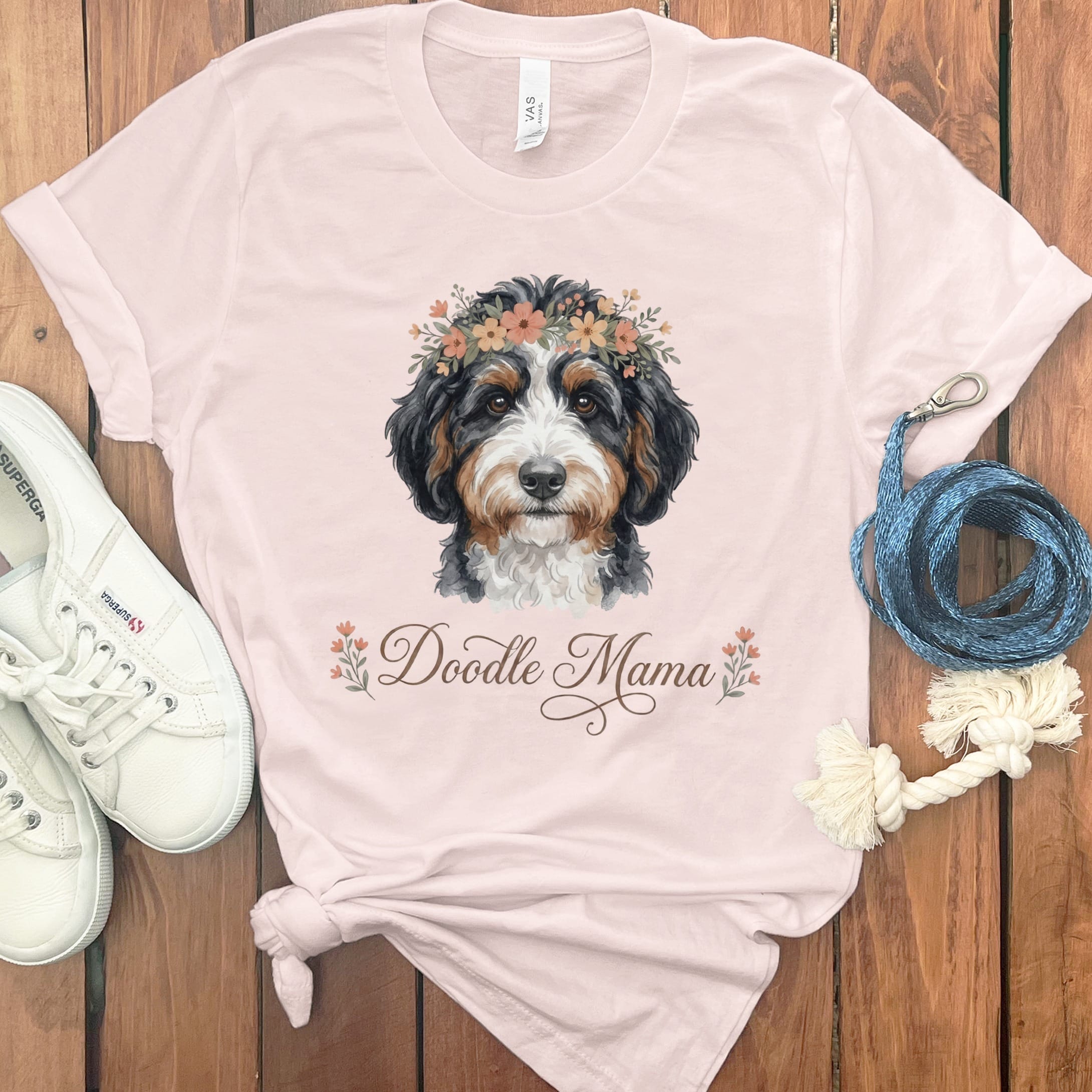 Bernedoodle Floral Crown T-Shirt in Soft Pink / S by Puppy Jo