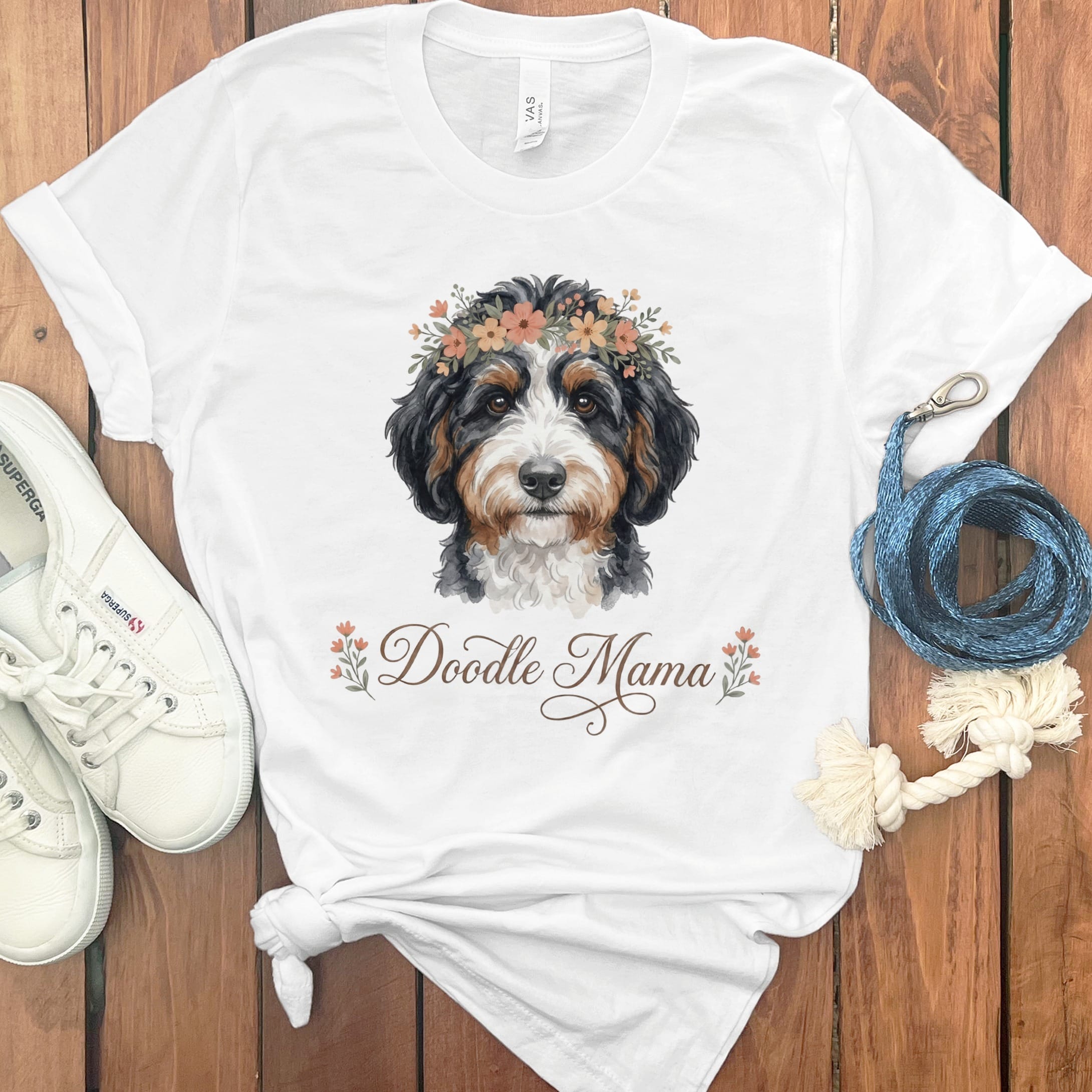 Bernedoodle Floral Crown T-Shirt in White / S by Puppy Jo