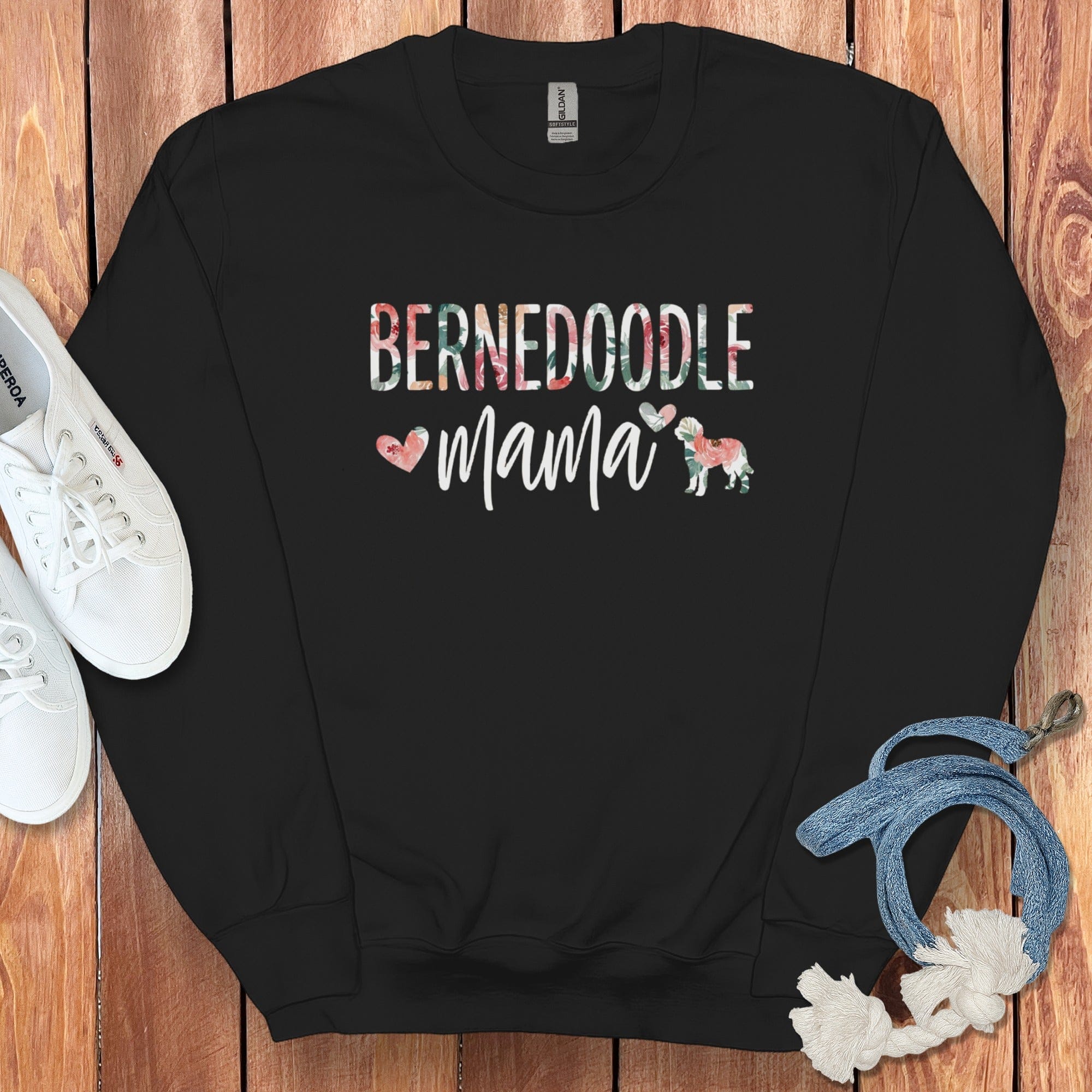 Bernedoodle Floral Mama Sweatshirt in Black / S by Puppy Jo
