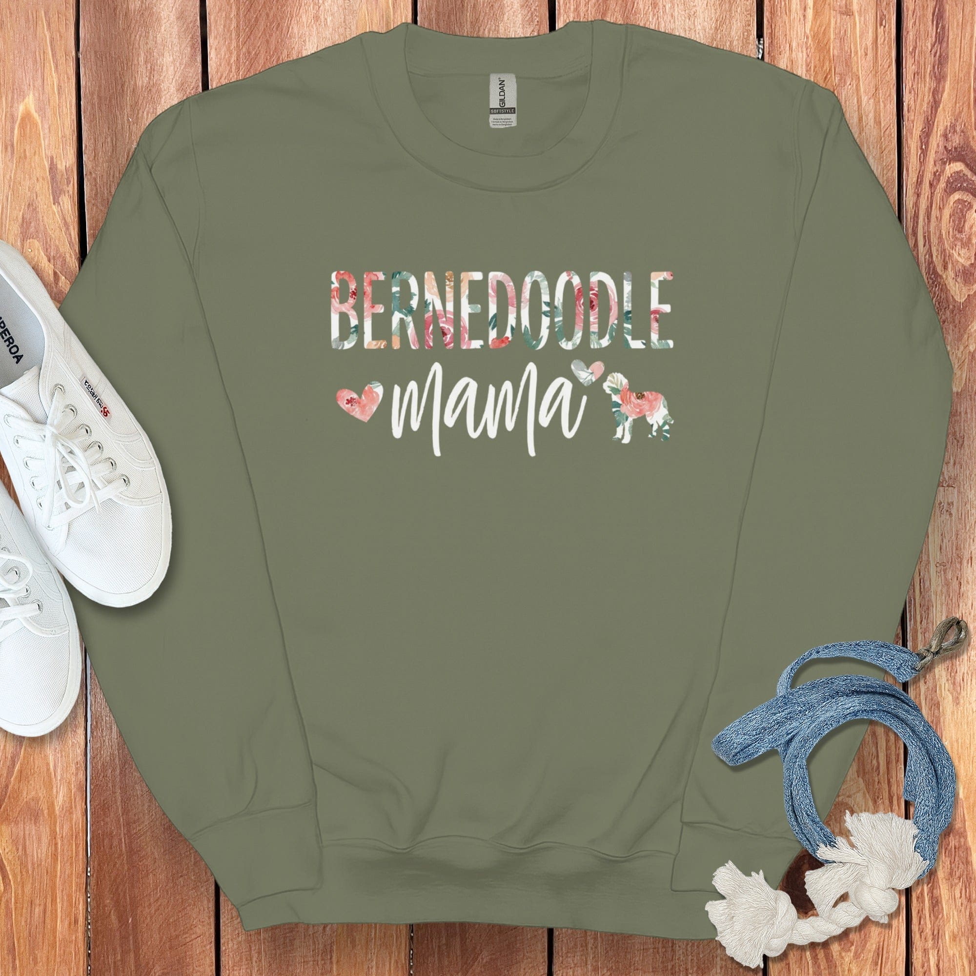 Bernedoodle Floral Mama Sweatshirt in Military Green / S by Puppy Jo