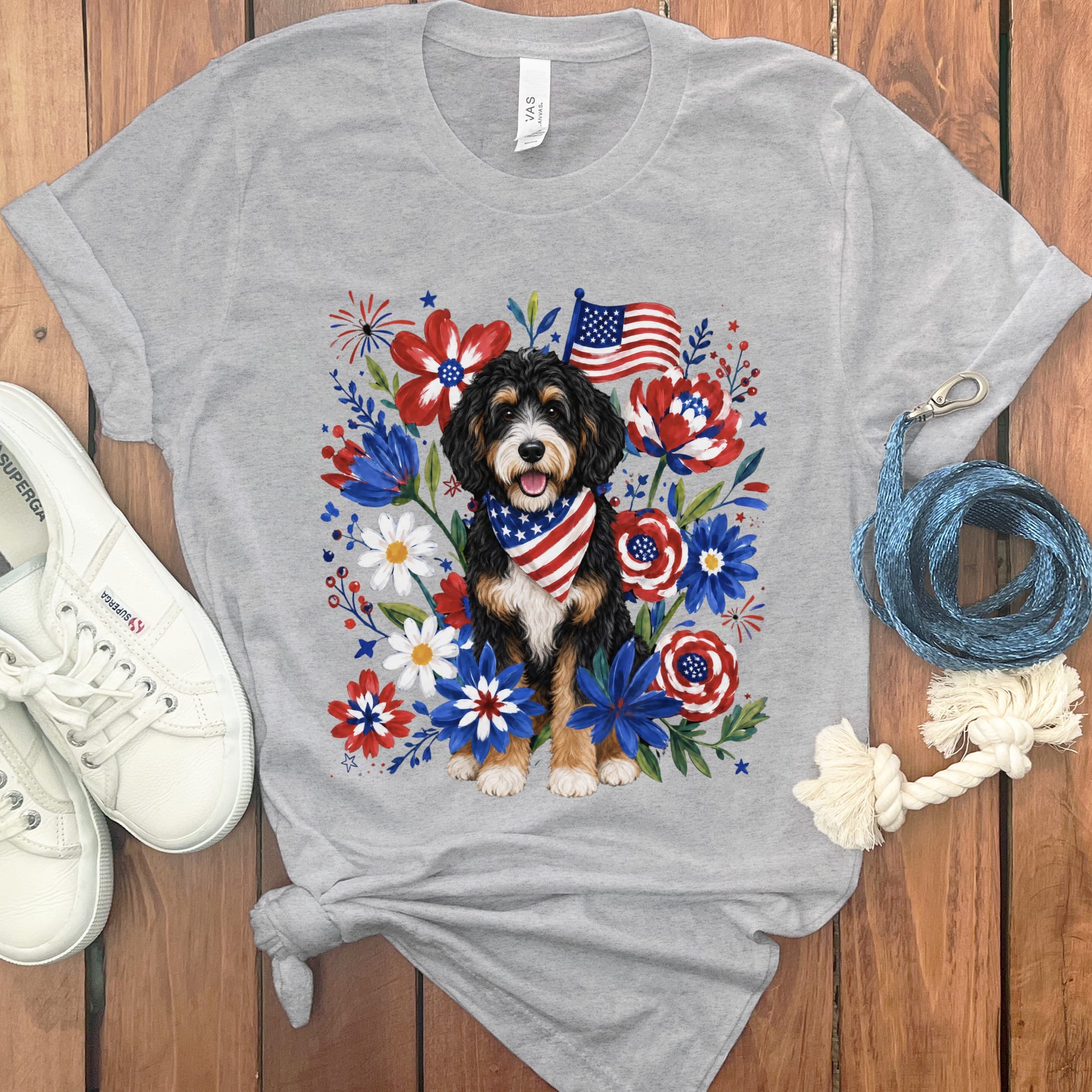 Bernedoodle Floral Spirit T-Shirt in Athletic Heather / S by Puppy Jo