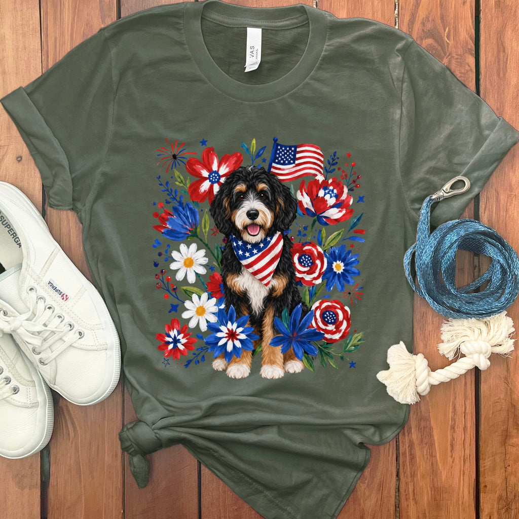 Bernedoodle Floral Spirit T-Shirt in Military Green / S by Puppy Jo