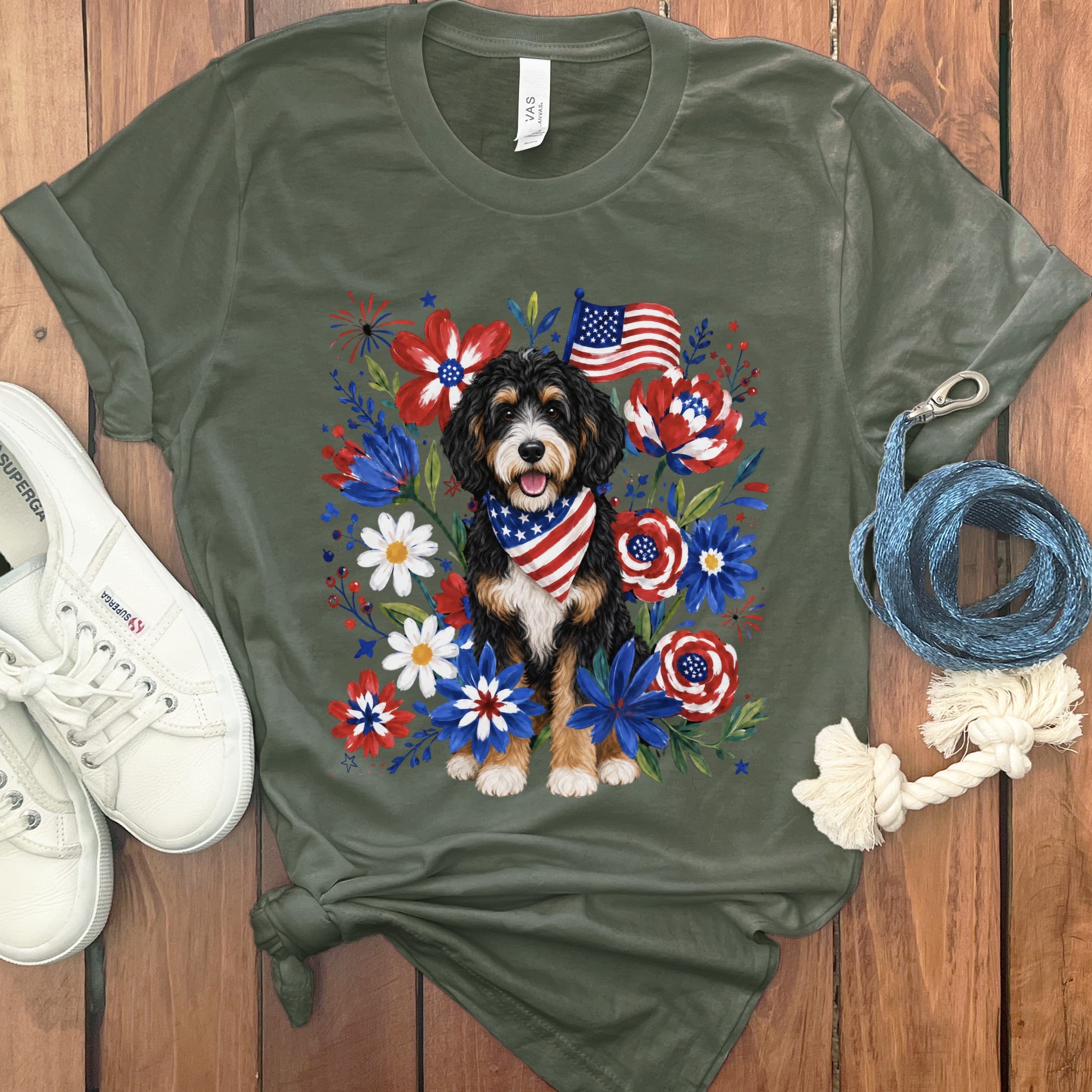 Bernedoodle Floral Spirit T-Shirt in Military Green / S by Puppy Jo