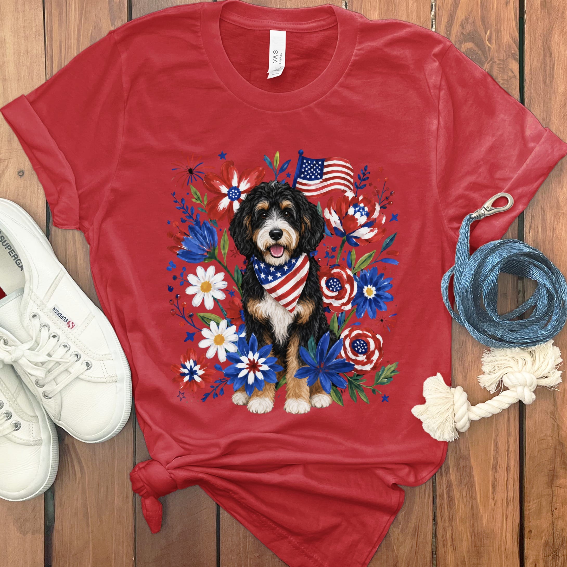 Bernedoodle Floral Spirit T-Shirt in Red / S by Puppy Jo