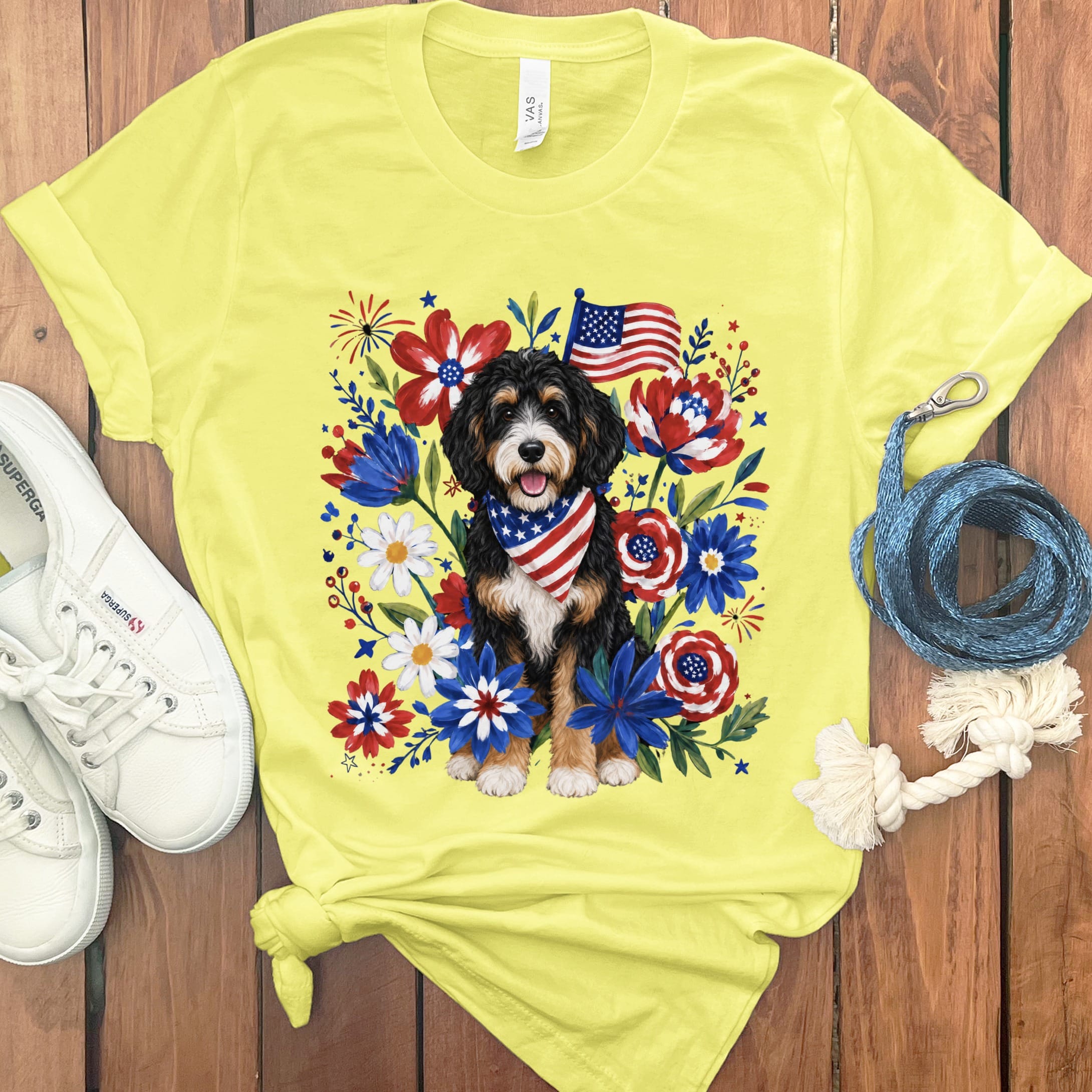 Bernedoodle Floral Spirit T-Shirt in Yellow / S by Puppy Jo