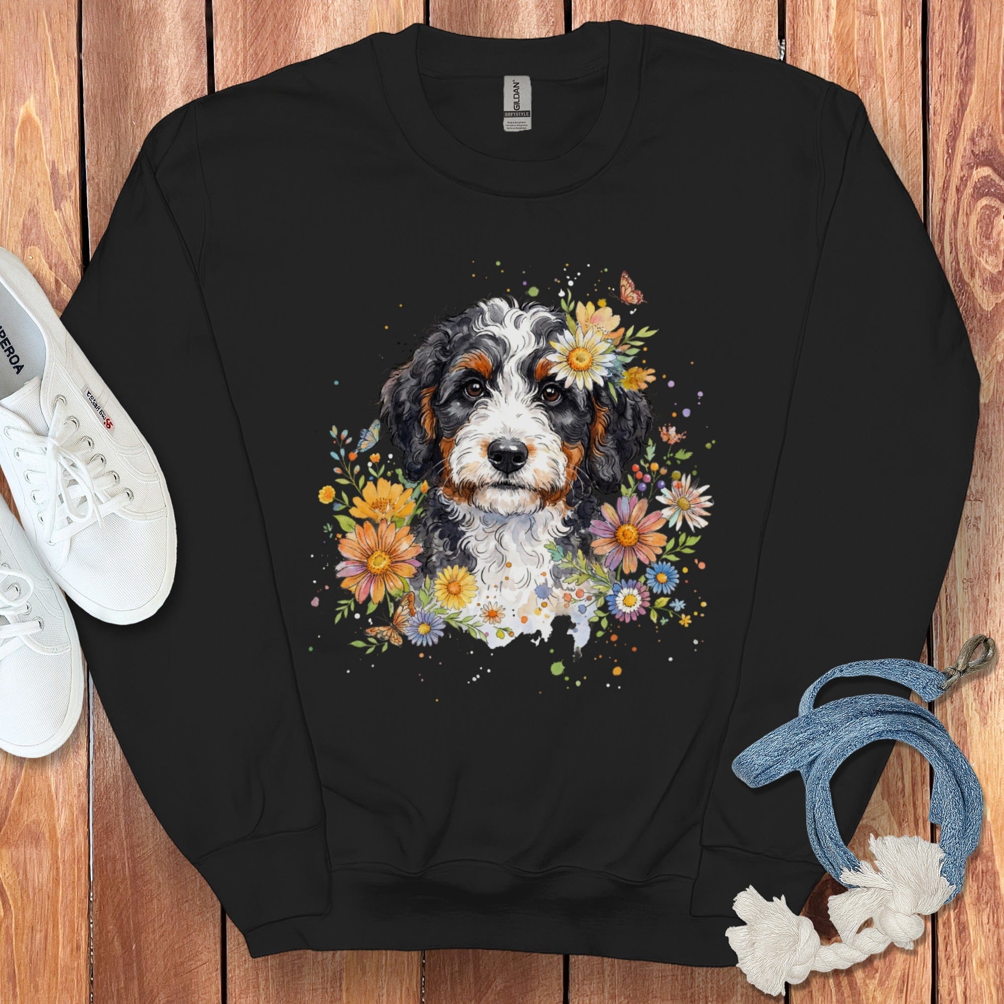 Bernedoodle Floral Sweatshirt in Black / S by Puppy Jo