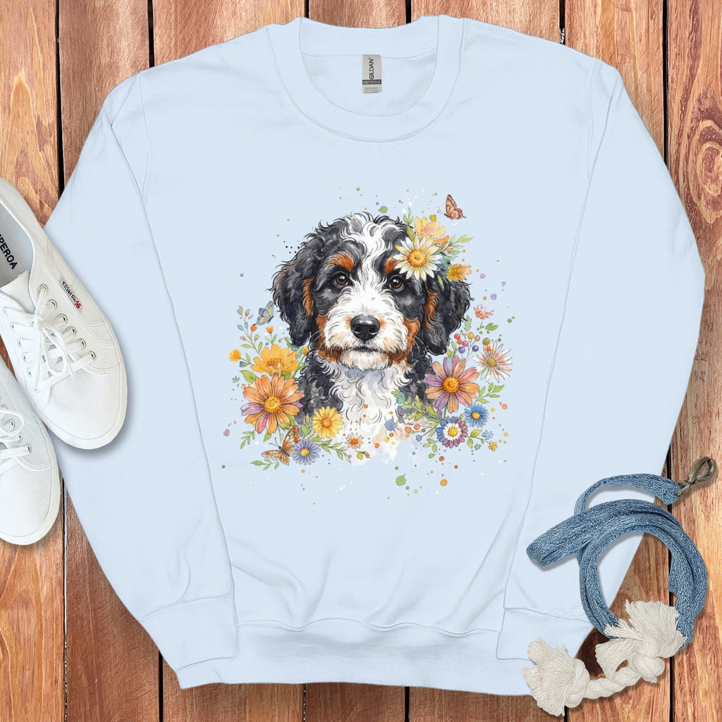 Bernedoodle Floral Sweatshirt in Light Blue / S by Puppy Jo