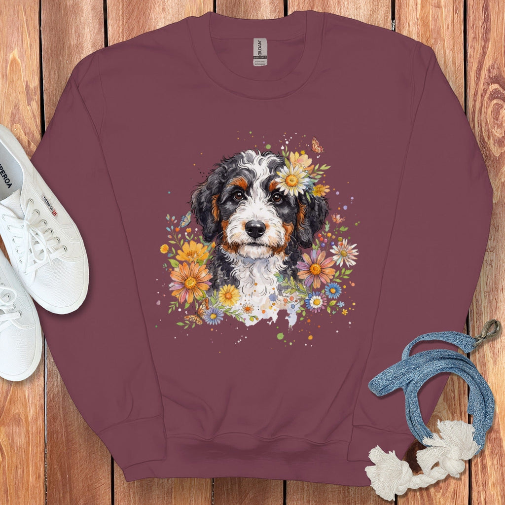 Bernedoodle Floral Sweatshirt in Maroon / S by Puppy Jo