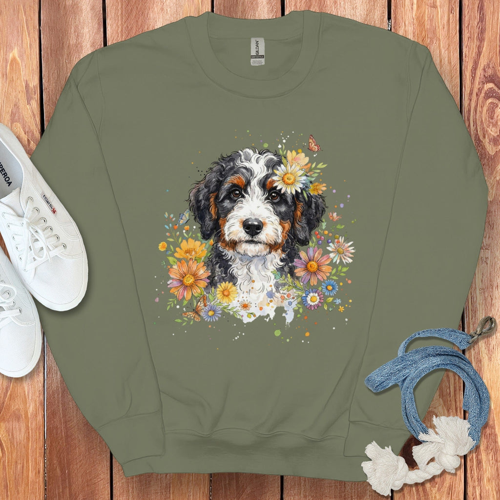 Bernedoodle Floral Sweatshirt in Military Green / S by Puppy Jo