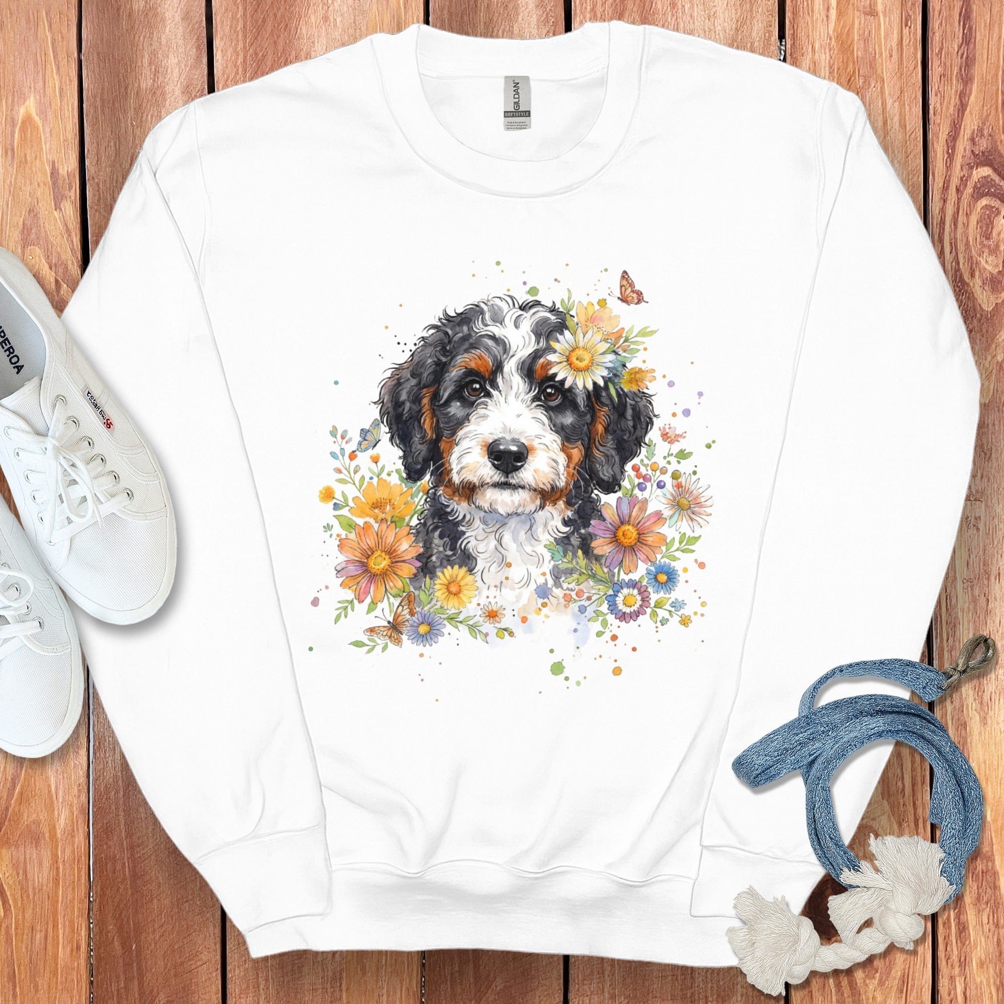 Bernedoodle Floral Sweatshirt in White / S by Puppy Jo