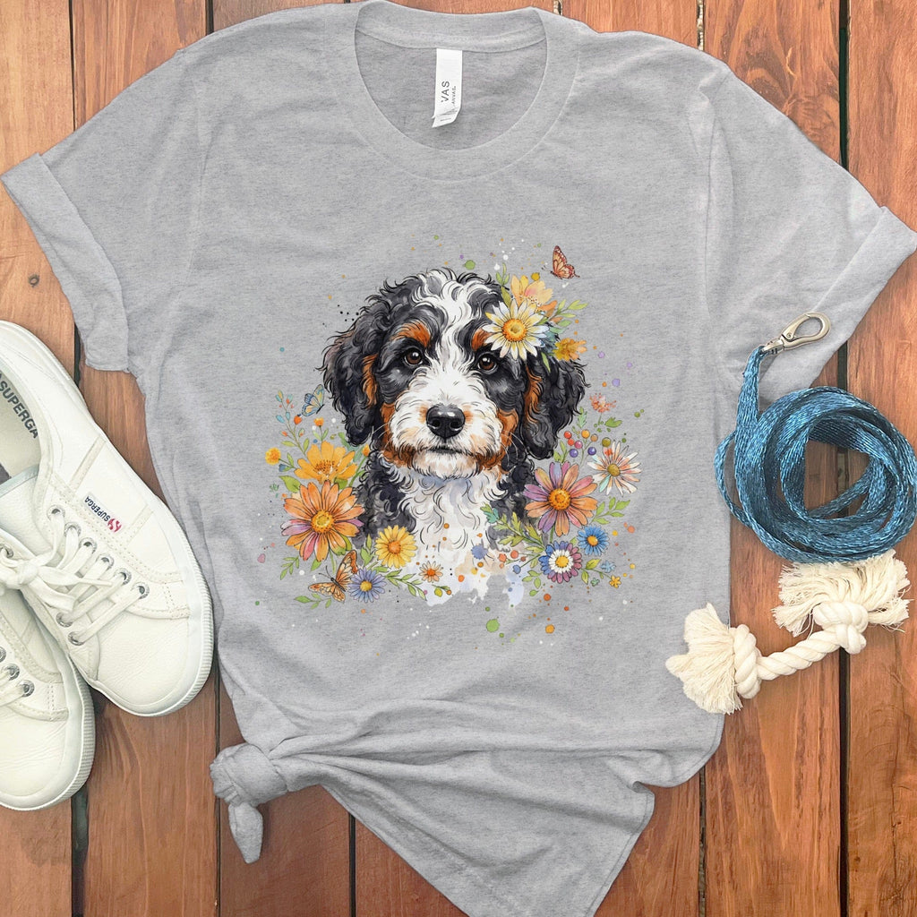 Bernedoodle Floral T-Shirt in Athletic Heather / S by Puppy Jo