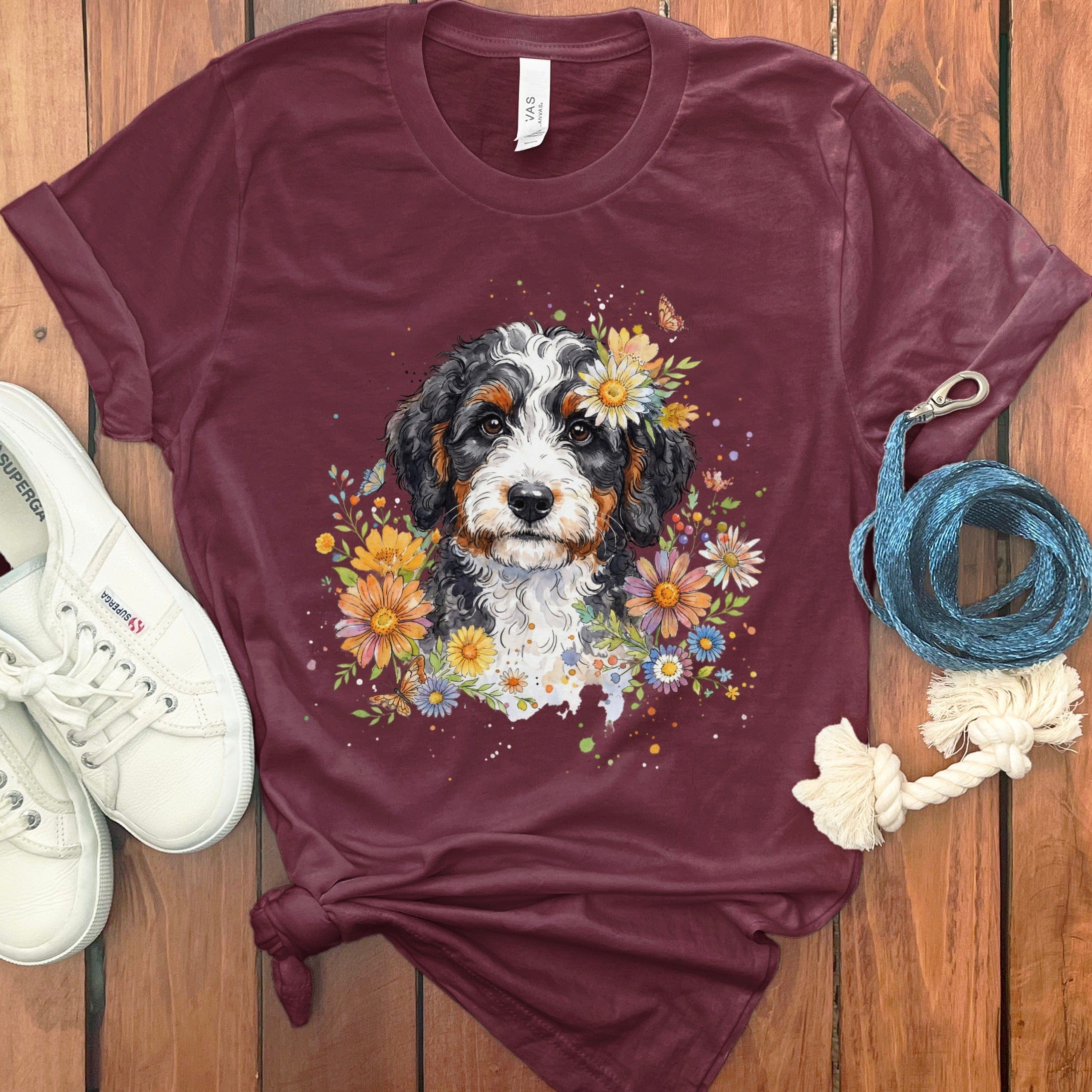Bernedoodle Floral T-Shirt in Maroon / S by Puppy Jo