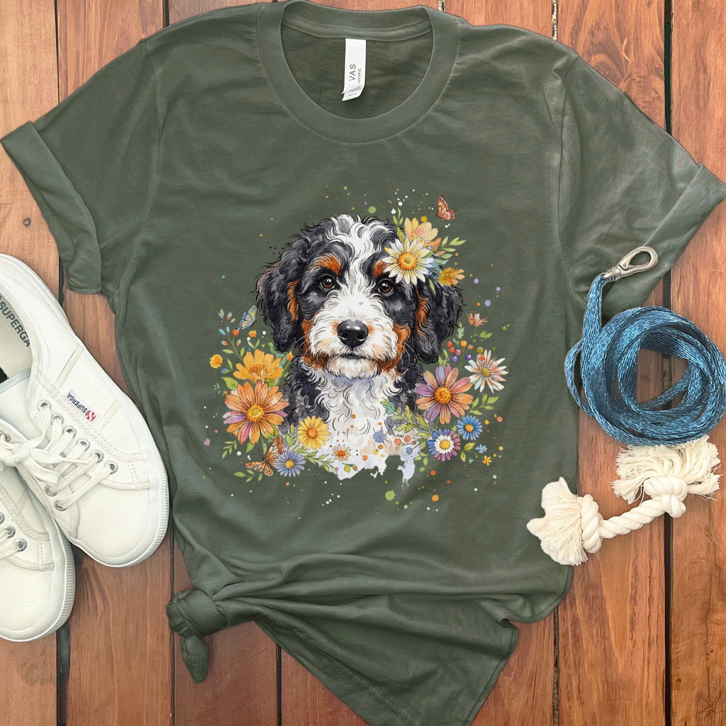 Bernedoodle Floral T-Shirt in Military Green / S by Puppy Jo
