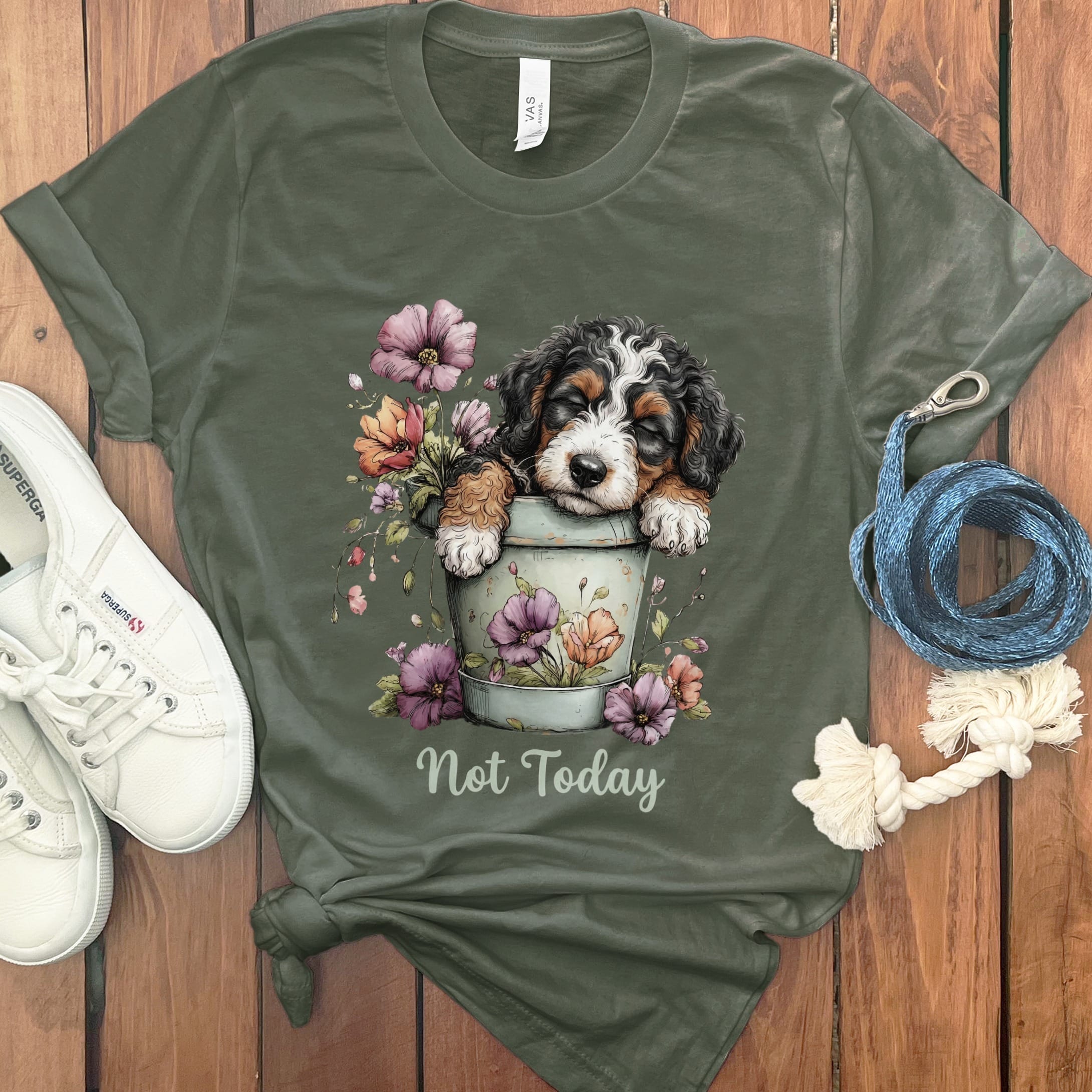 Bernedoodle Flower Pot T-Shirt in Military Green / S by Puppy Jo