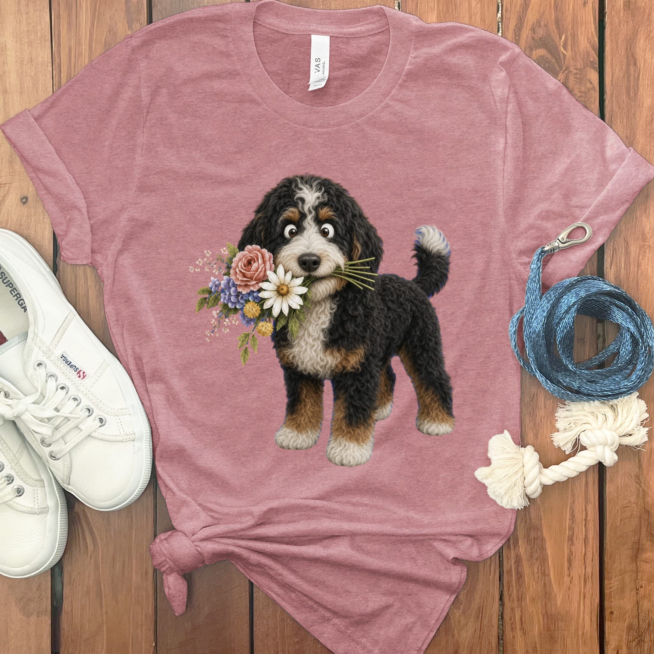 Bernedoodle Flower Shop T-Shirt in Heather Mauve / S by Puppy Jo