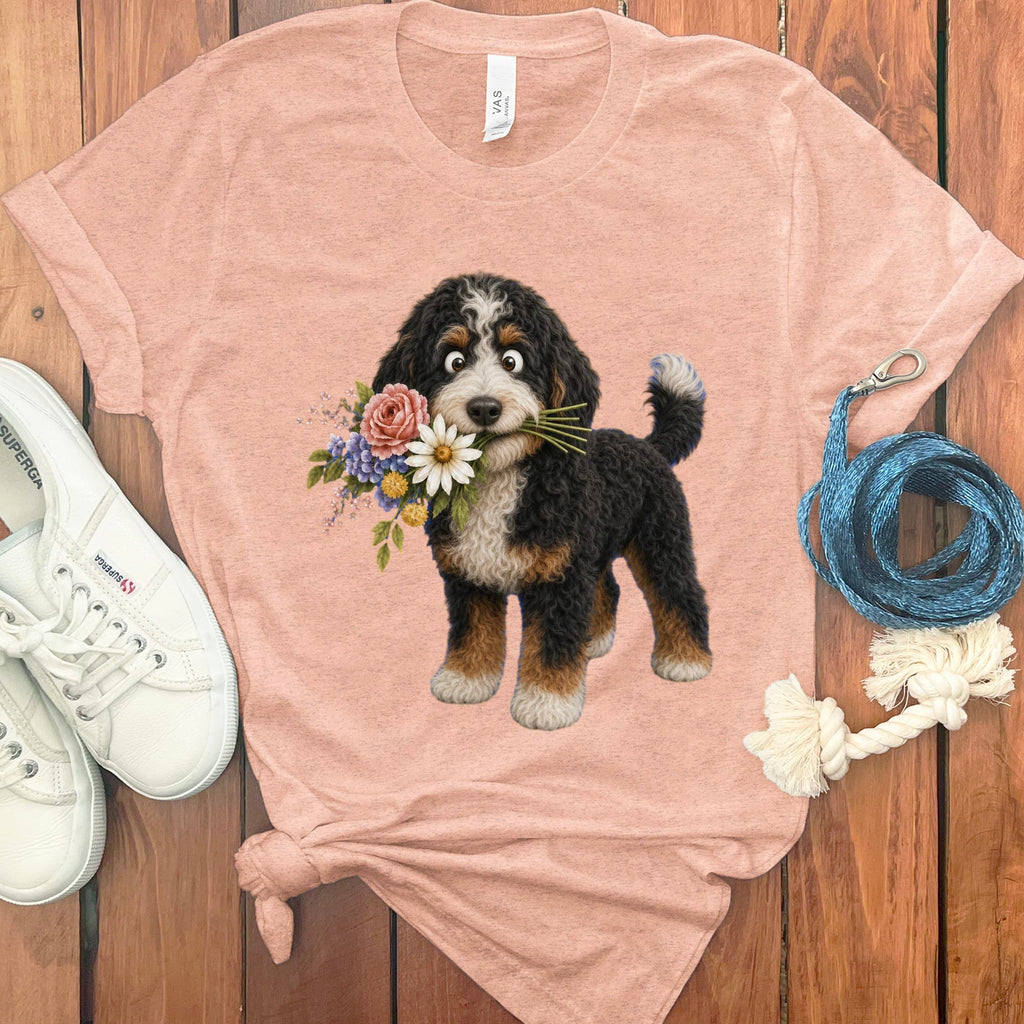 Bernedoodle Flower Shop T-Shirt in Heather Peach / S by Puppy Jo