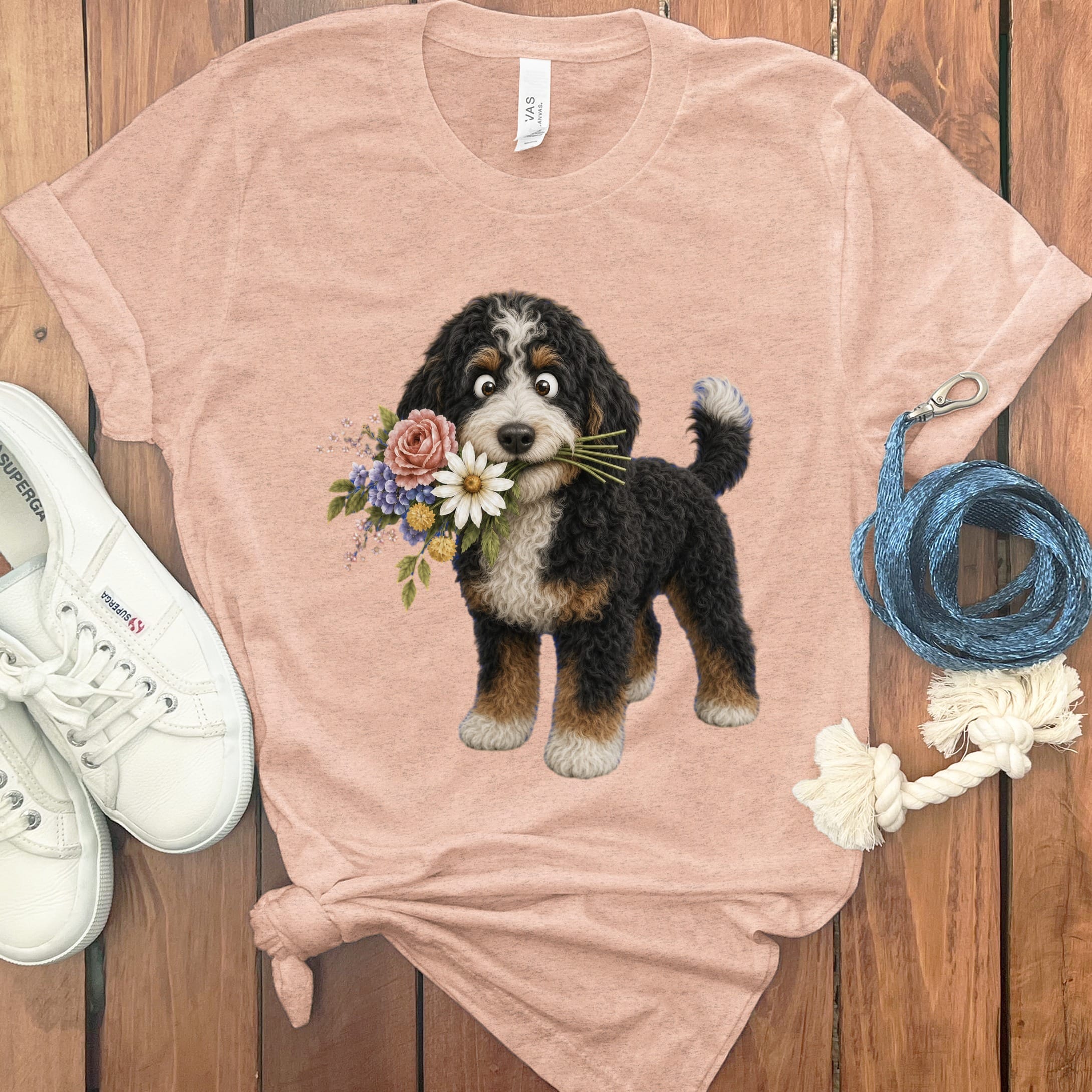 Bernedoodle Flower Shop T-Shirt in Heather Peach / S by Puppy Jo
