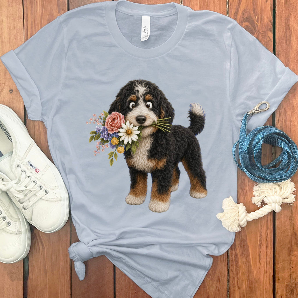 Bernedoodle Flower Shop T-Shirt in Light Blue / S by Puppy Jo