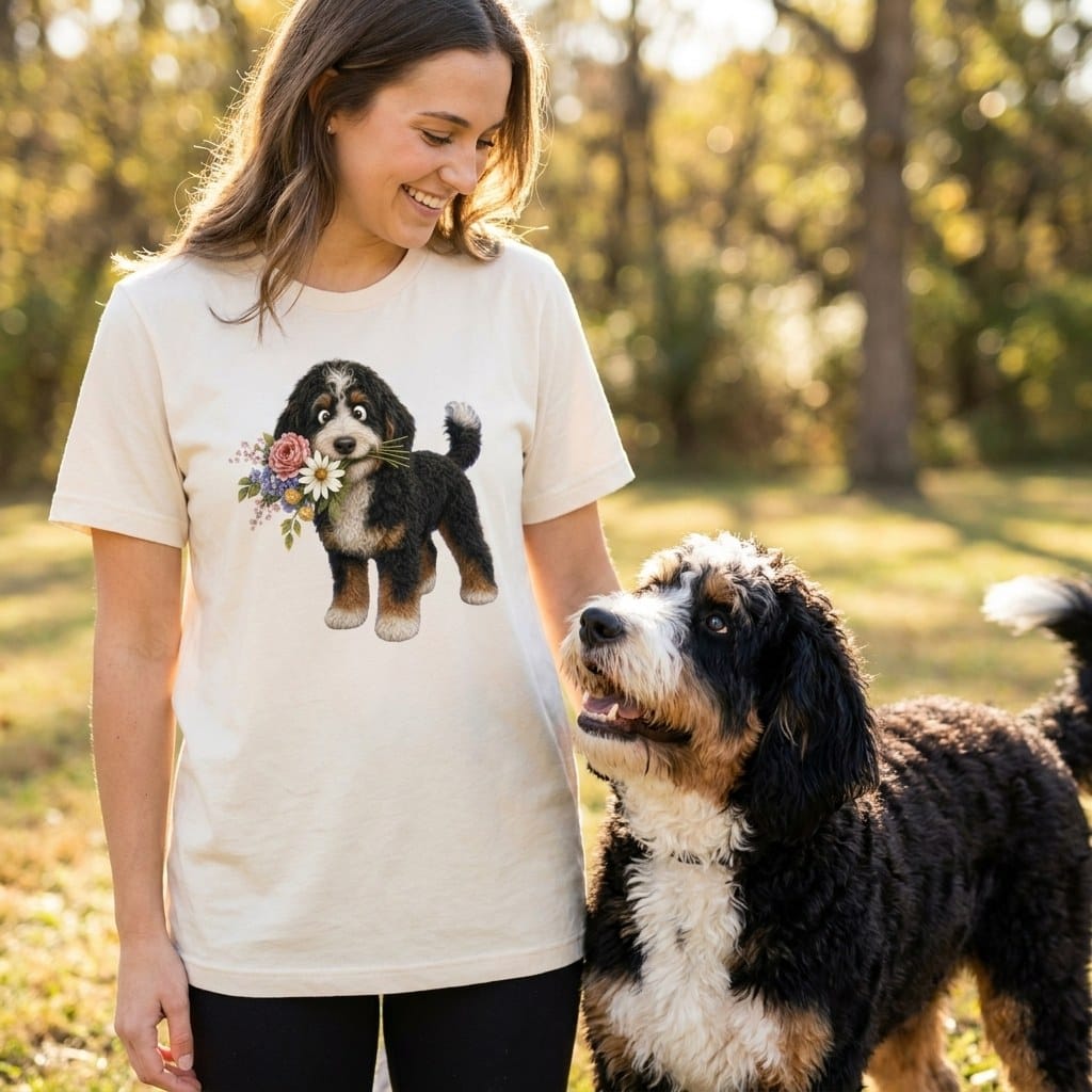 Bernedoodle Flower Shop T-Shirt in by Puppy Jo