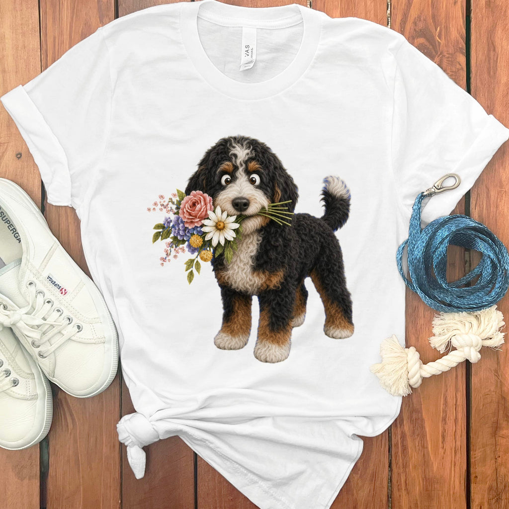 Bernedoodle Flower Shop T-Shirt in White / S by Puppy Jo