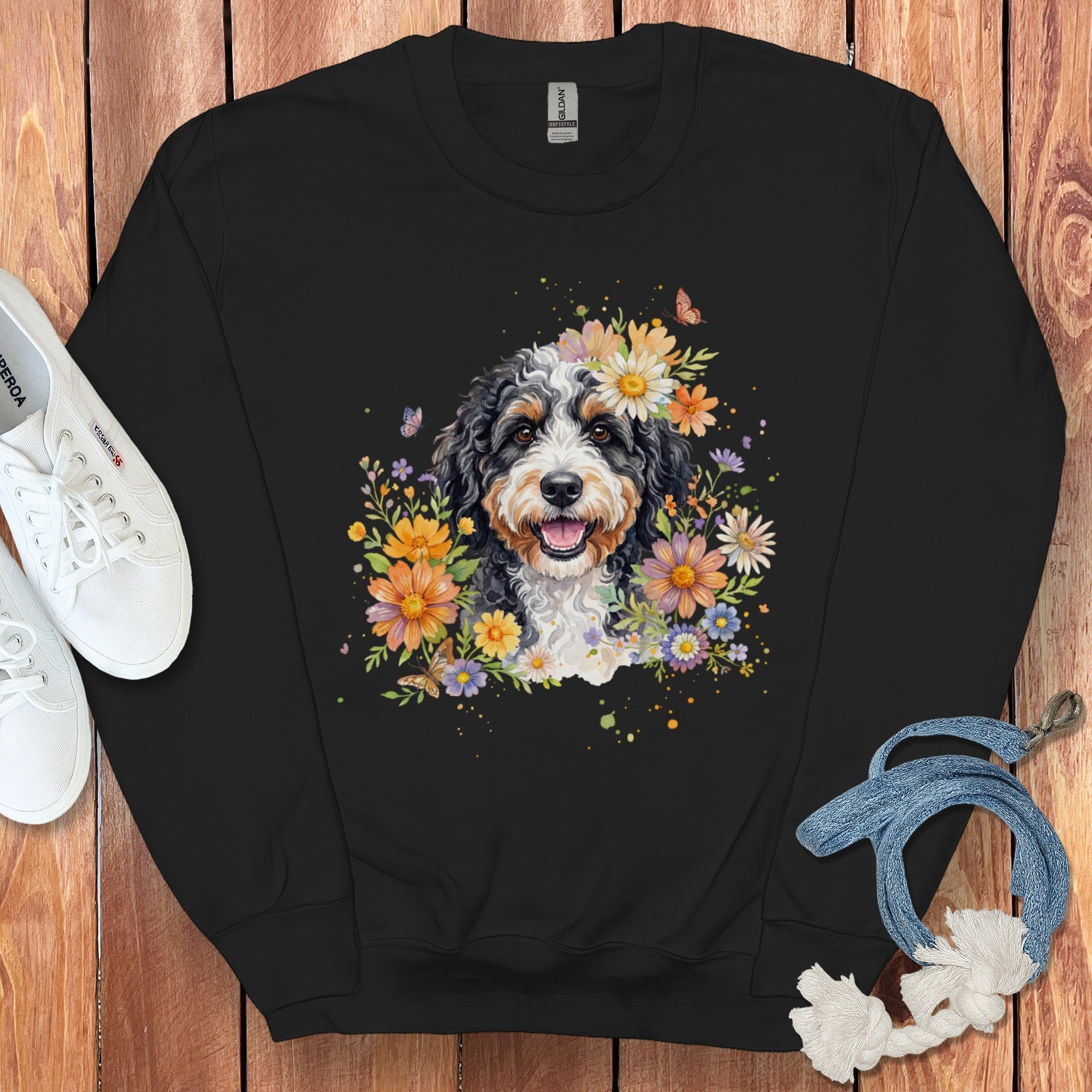 Bernedoodle Flower Sweatshirt in Black / S by Puppy Jo