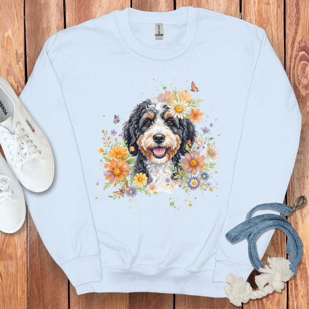 Bernedoodle Flower Sweatshirt in Light Blue / S by Puppy Jo