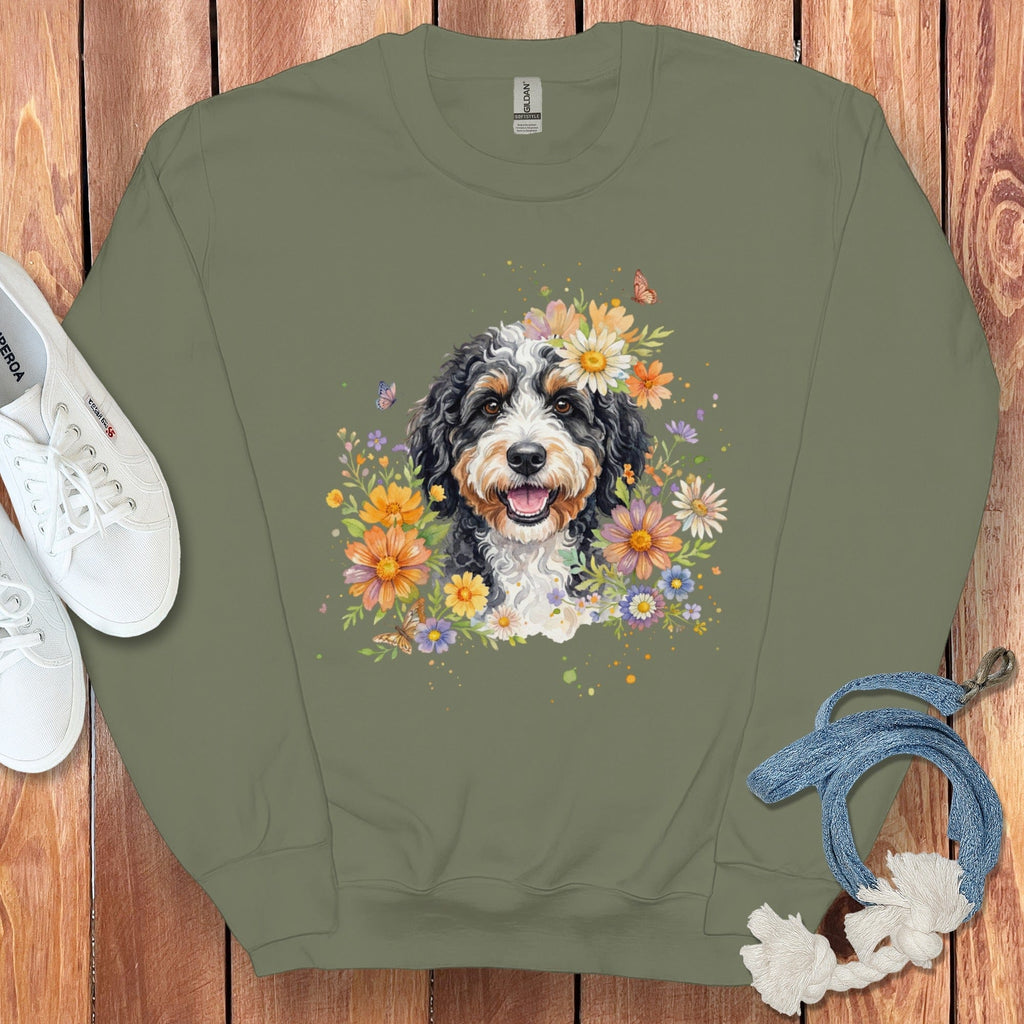 Bernedoodle Flower Sweatshirt in Military Green / S by Puppy Jo
