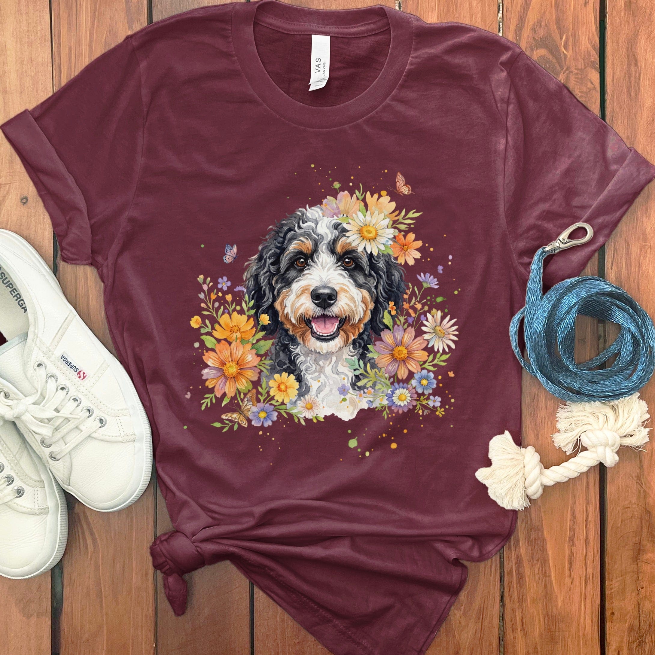 Bernedoodle Flower T-Shirt in Maroon / S by Puppy Jo