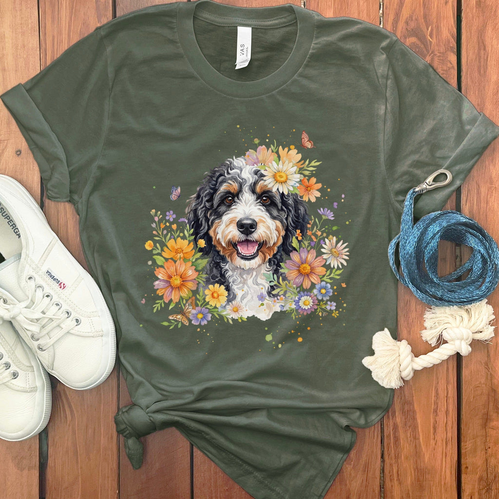 Bernedoodle Flower T-Shirt in Military Green / S by Puppy Jo