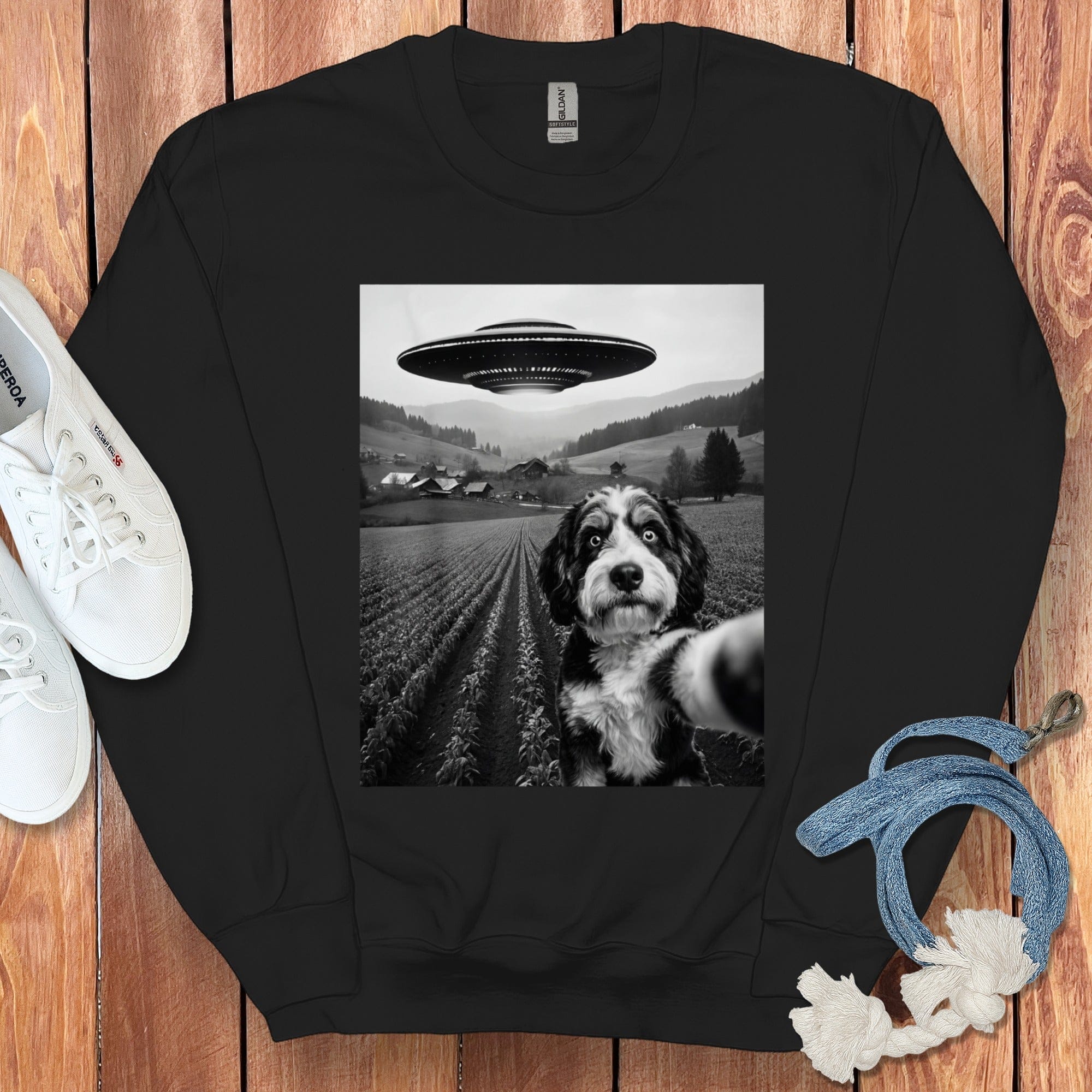 Bernedoodle Flying UFO Sweatshirt in Black / S by Puppy Jo