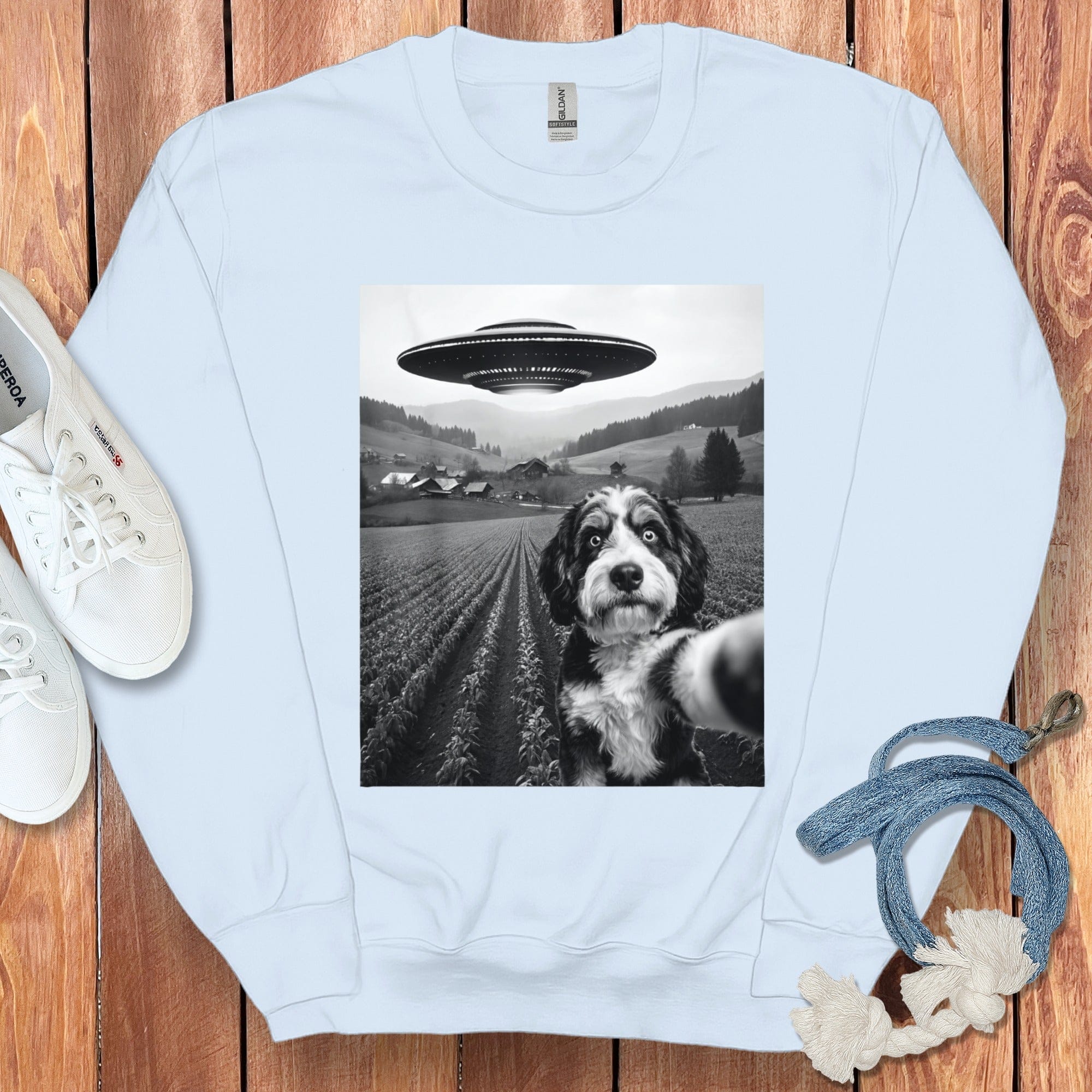 Bernedoodle Flying UFO Sweatshirt in Light Blue / S by Puppy Jo