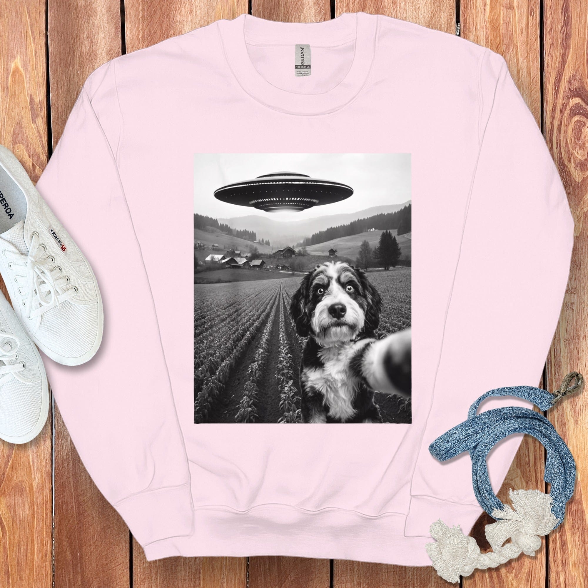 Bernedoodle Flying UFO Sweatshirt in Light Pink / S by Puppy Jo