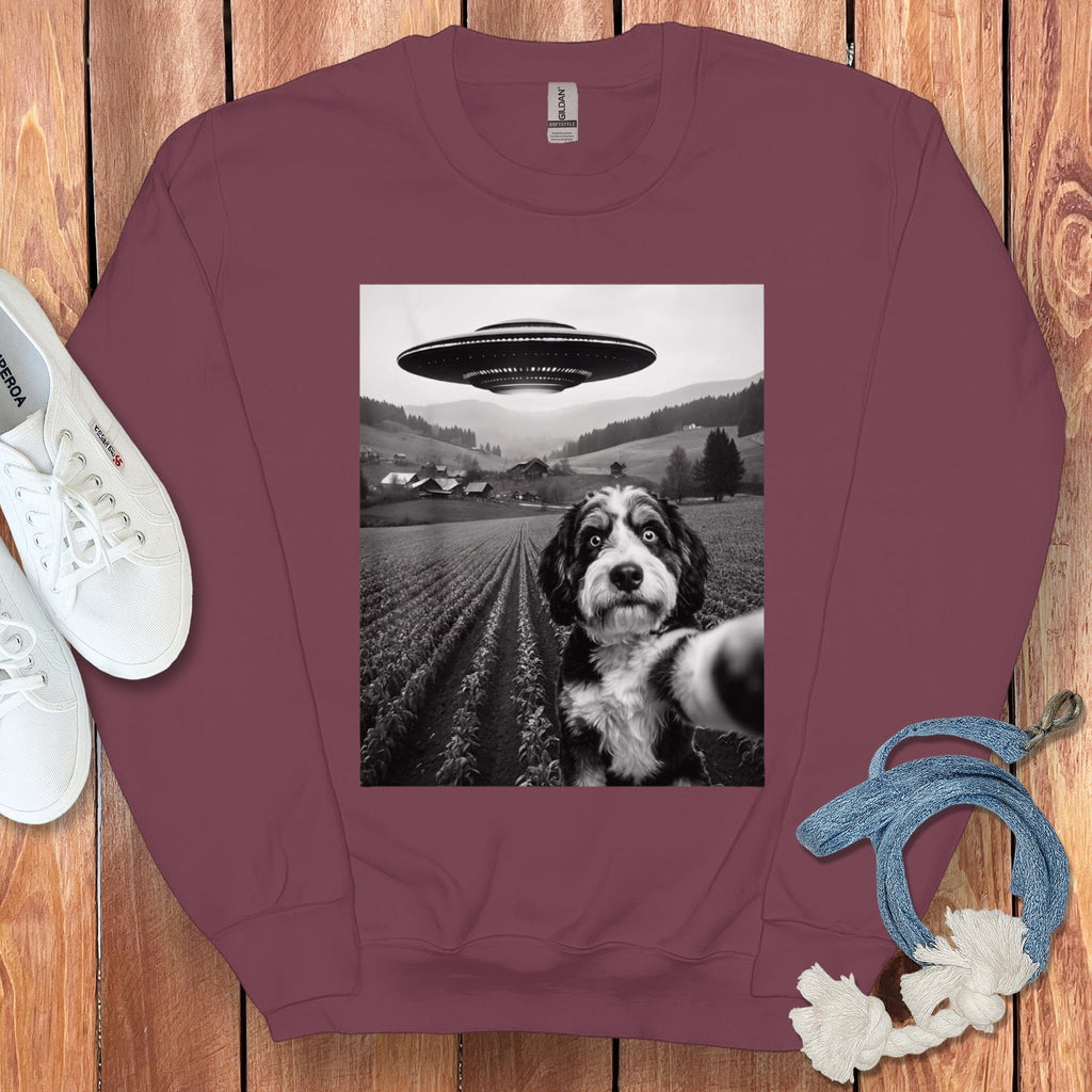 Bernedoodle Flying UFO Sweatshirt in Maroon / S by Puppy Jo