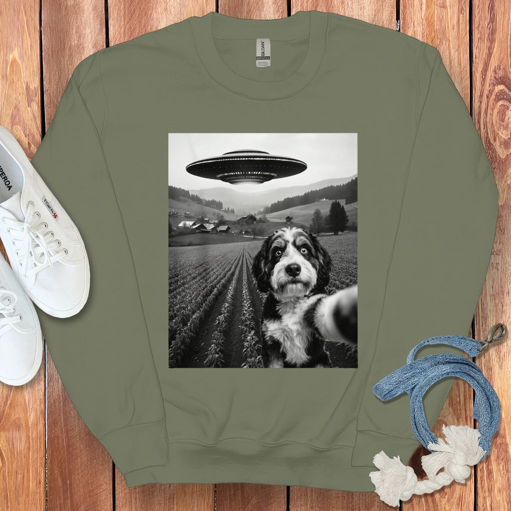 Bernedoodle Flying UFO Sweatshirt in Military Green / S by Puppy Jo