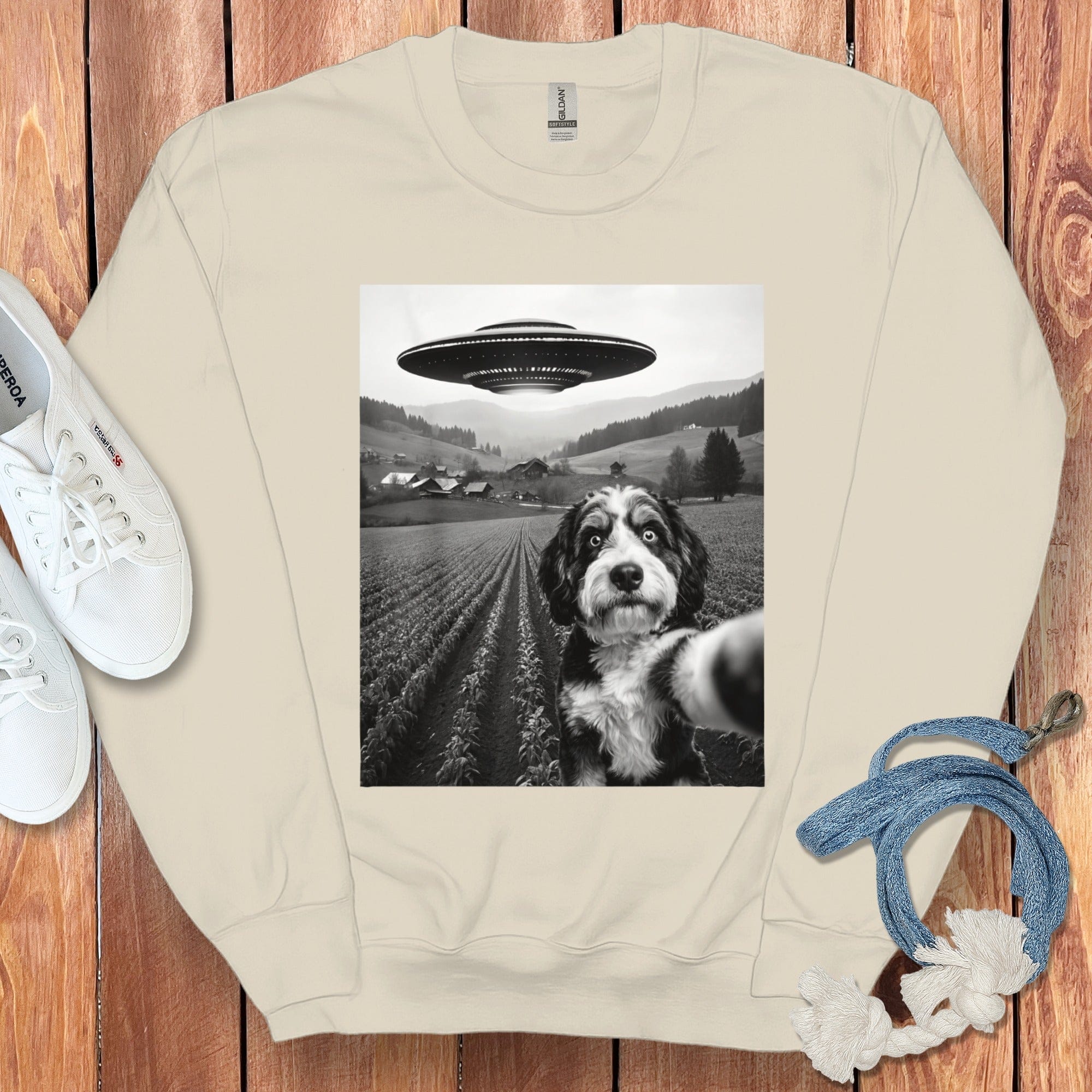 Bernedoodle Flying UFO Sweatshirt in Sand / S by Puppy Jo
