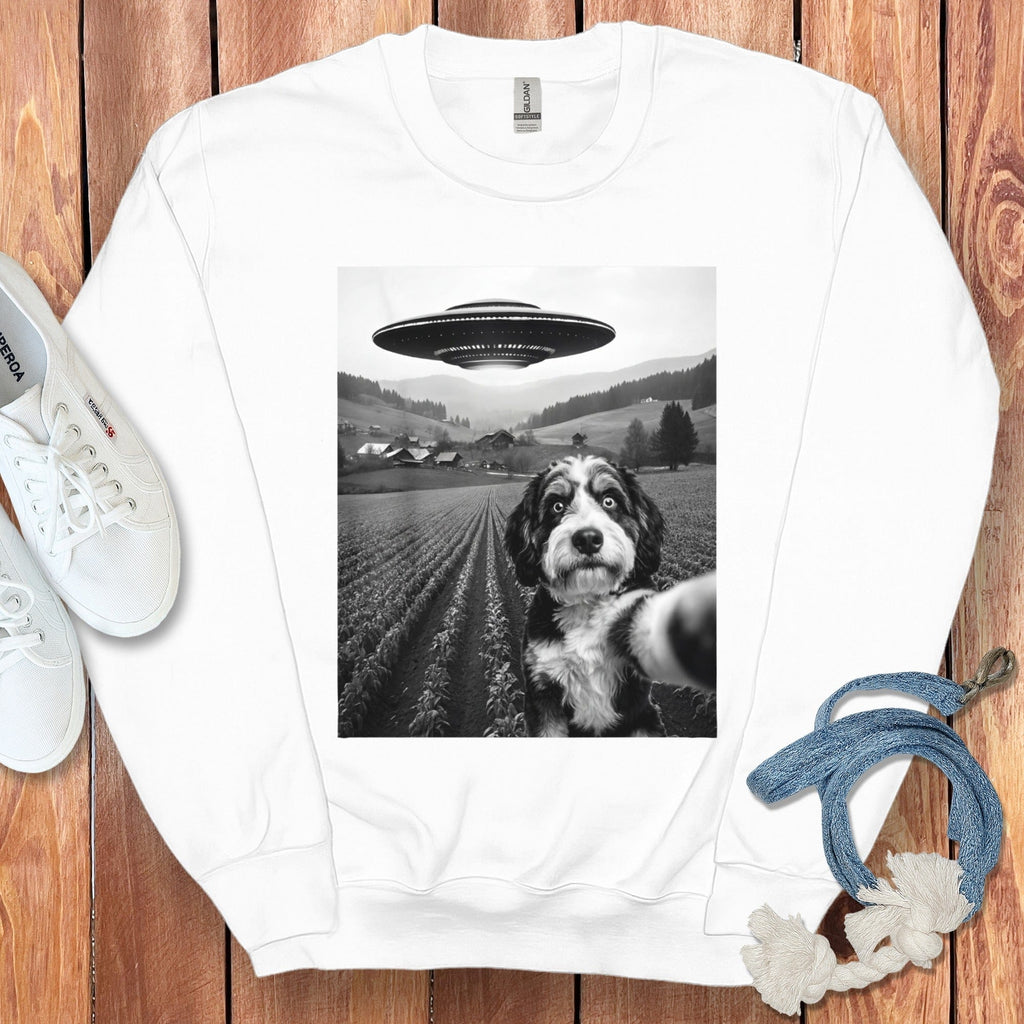 Bernedoodle Flying UFO Sweatshirt in White / S by Puppy Jo