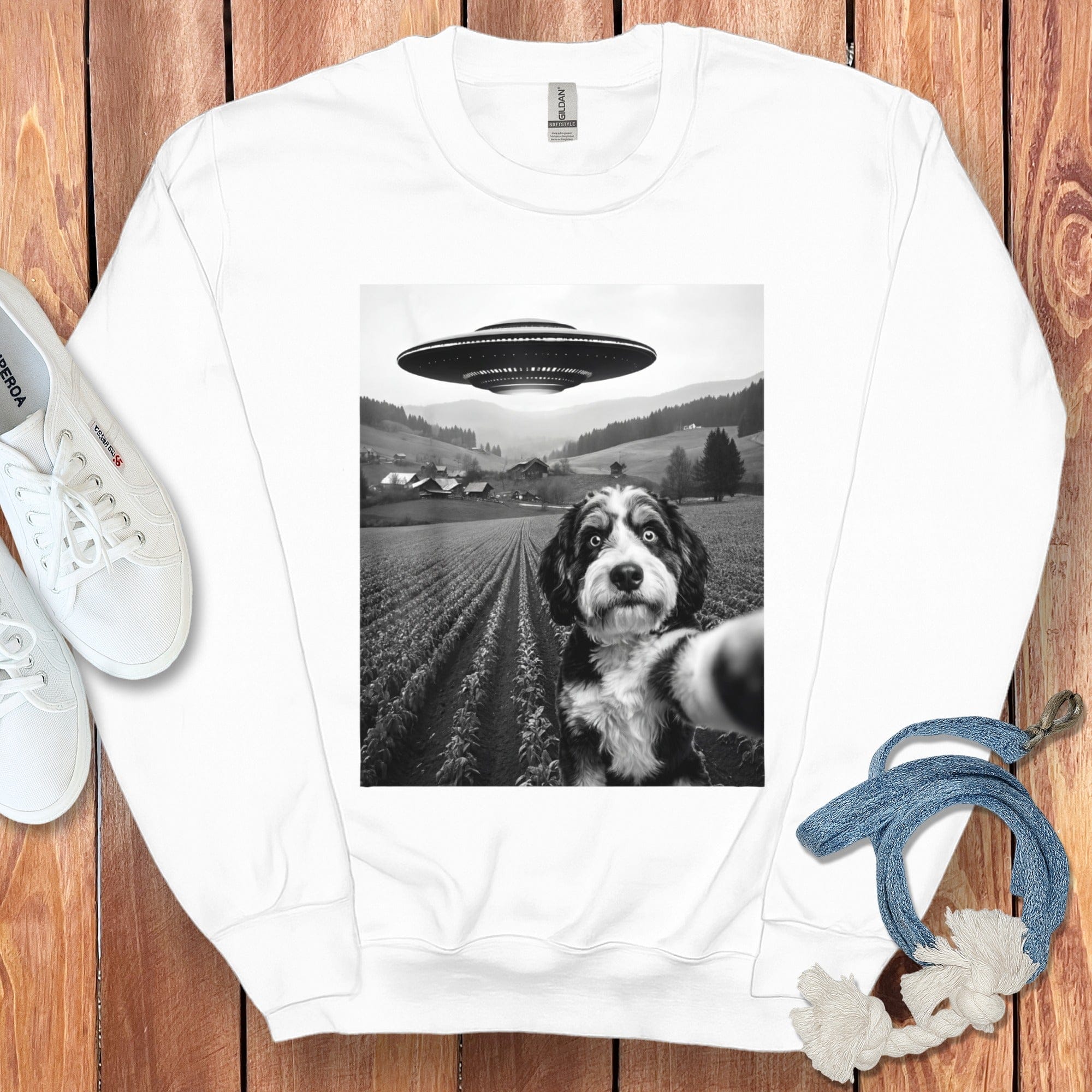 Bernedoodle Flying UFO Sweatshirt in White / S by Puppy Jo