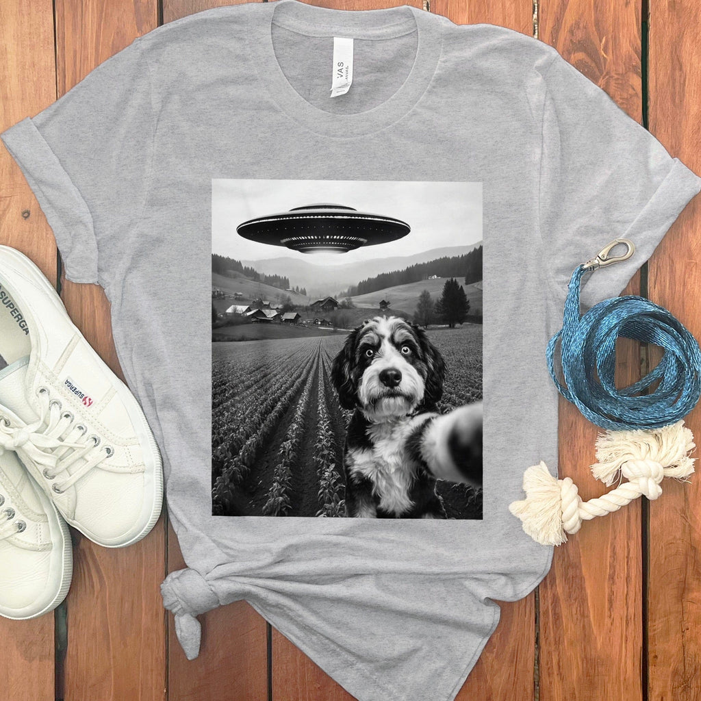 Bernedoodle Flying UFO T-Shirt in Athletic Heather / S by Puppy Jo
