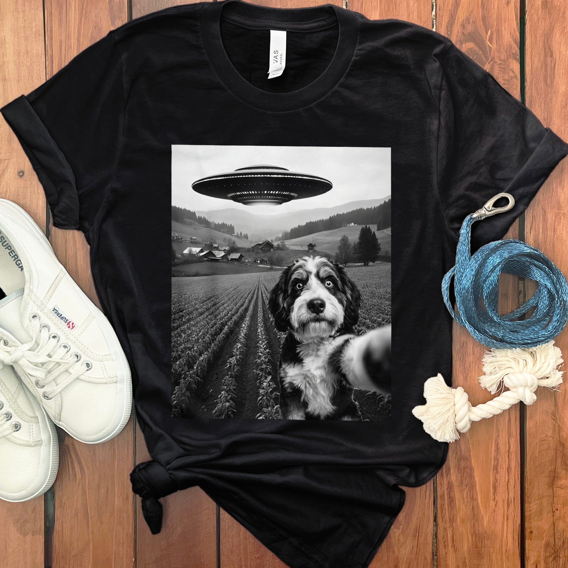 Bernedoodle Flying UFO T-Shirt in Black / S by Puppy Jo