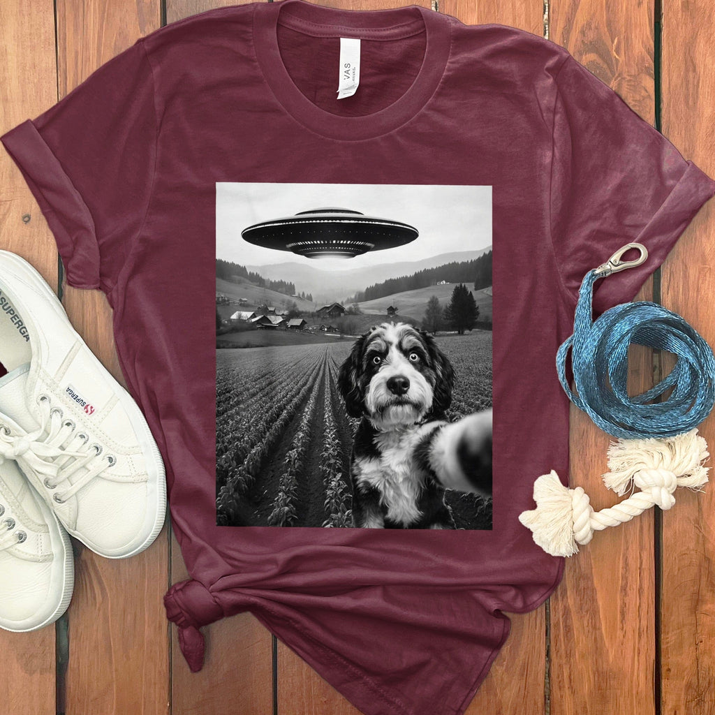 Bernedoodle Flying UFO T-Shirt in Maroon / S by Puppy Jo
