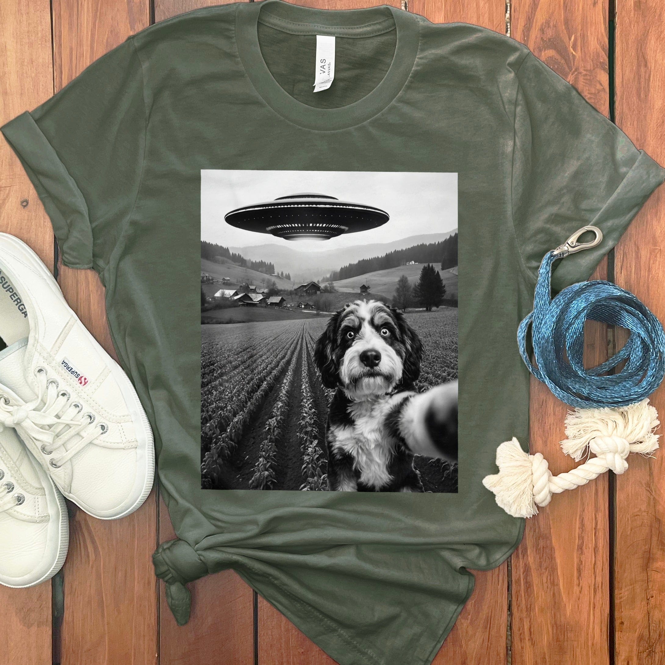 Bernedoodle Flying UFO T-Shirt in Military Green / S by Puppy Jo