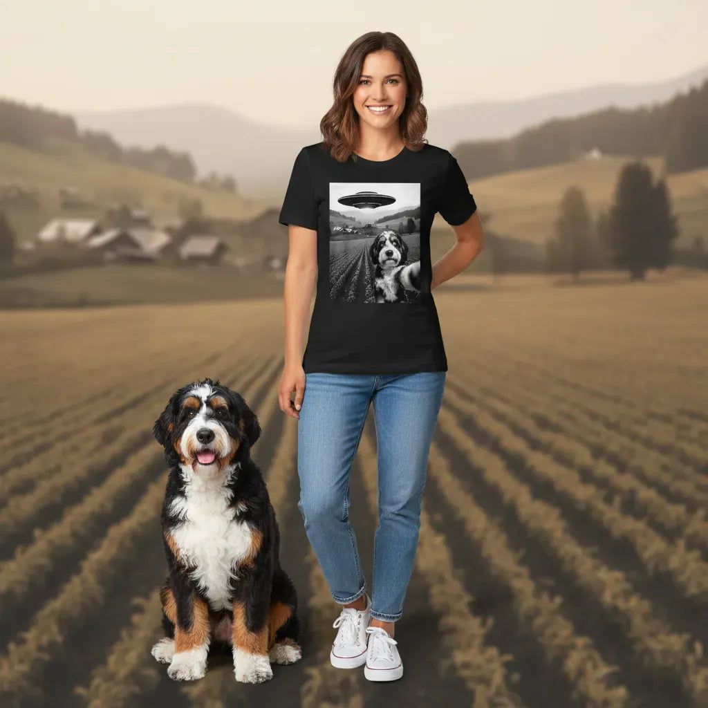 Bernedoodle Flying UFO T-Shirt in by Puppy Jo