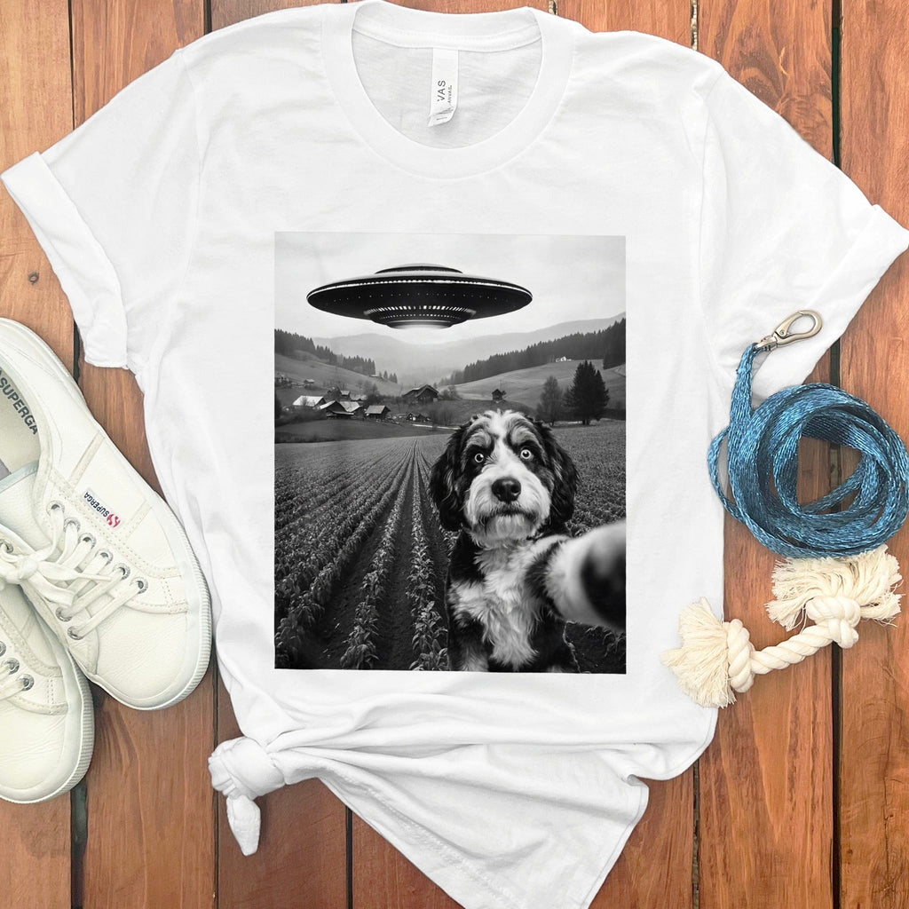 Bernedoodle Flying UFO T-Shirt in White / S by Puppy Jo