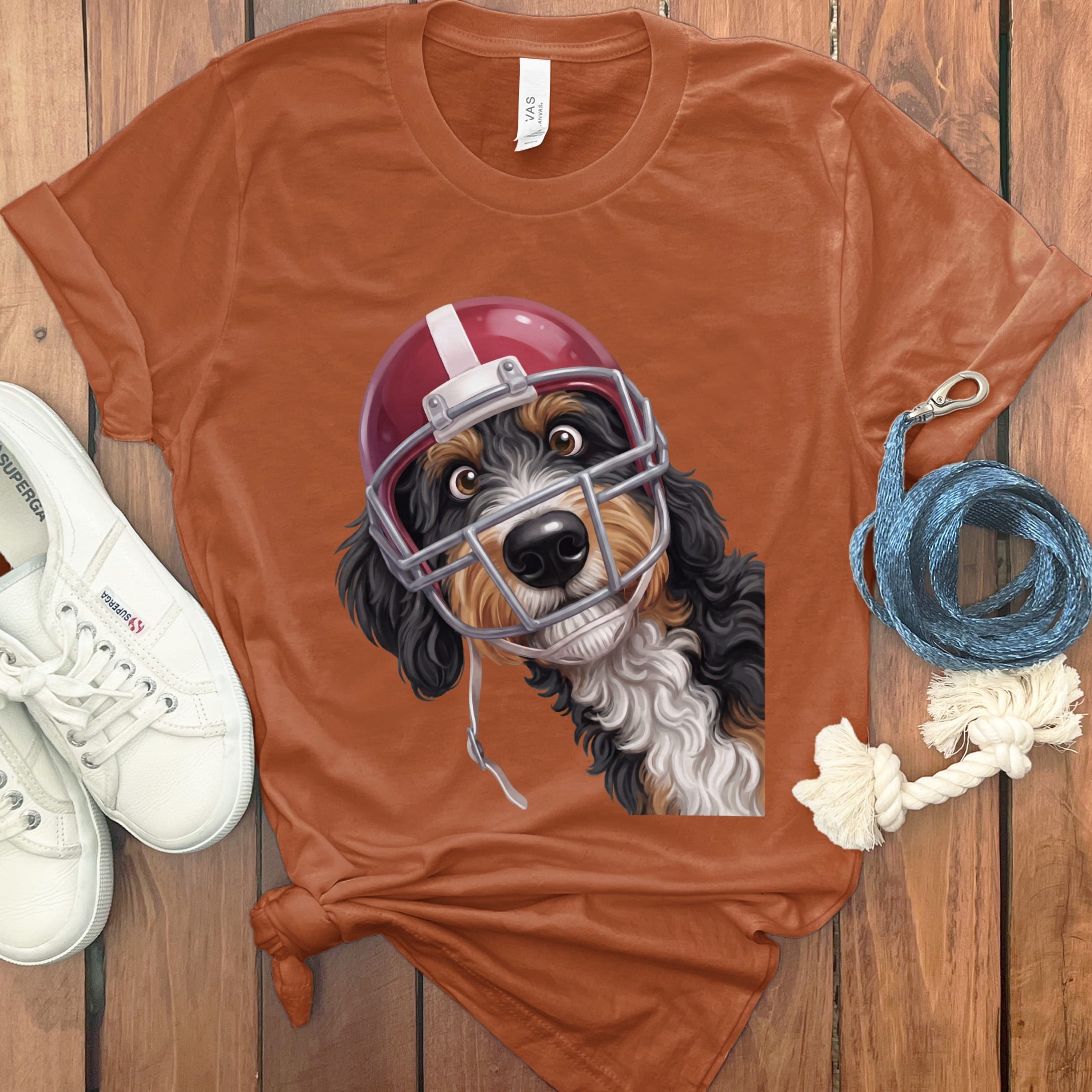 Bernedoodle Football Helmet T-Shirt in Autumn / S by Puppy Jo