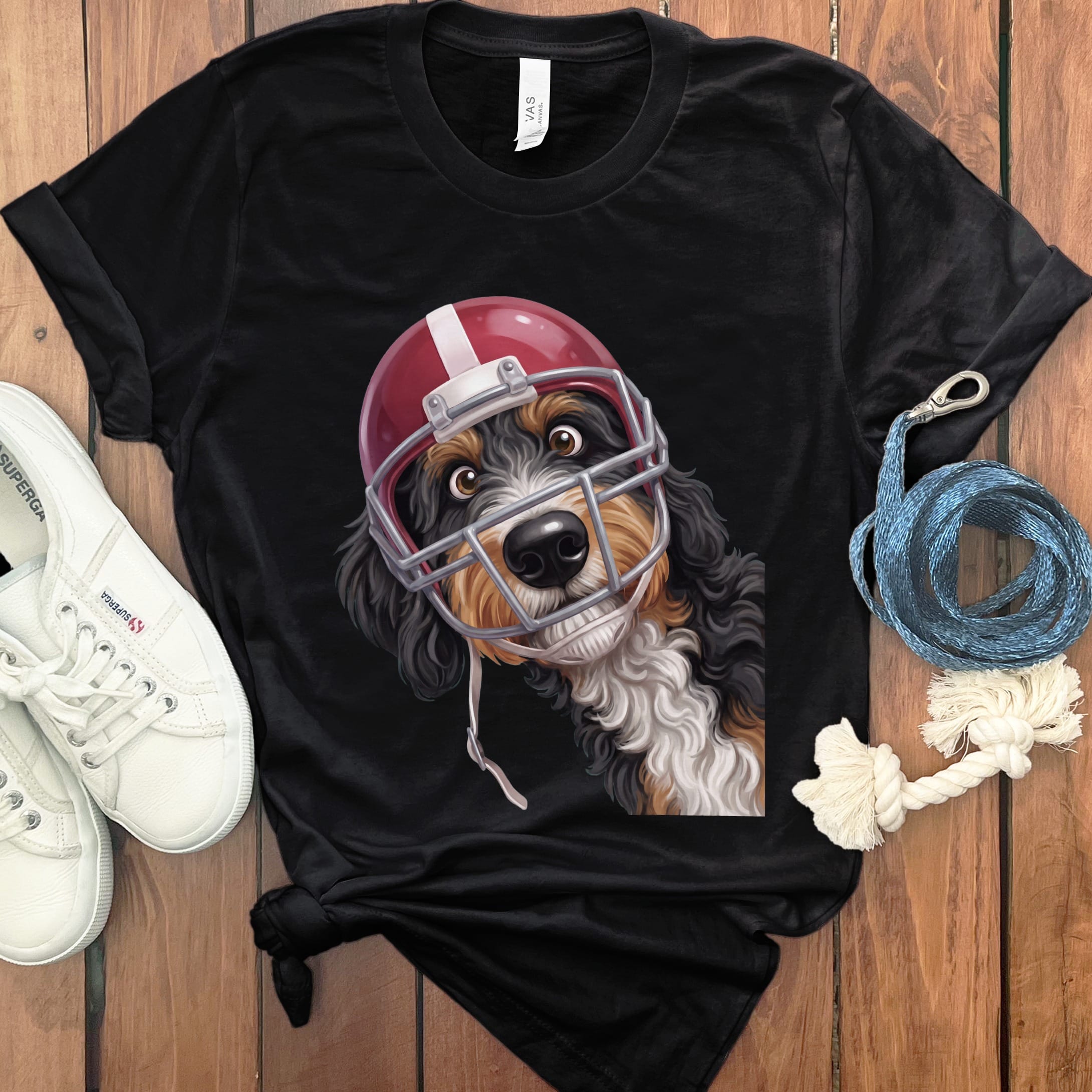 Bernedoodle Football Helmet T-Shirt in Black / S by Puppy Jo
